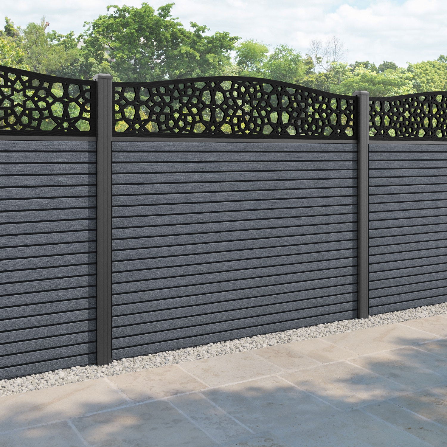 Hudson Nazira Curved Top Fence Panel - Anthracite - with our aluminium posts