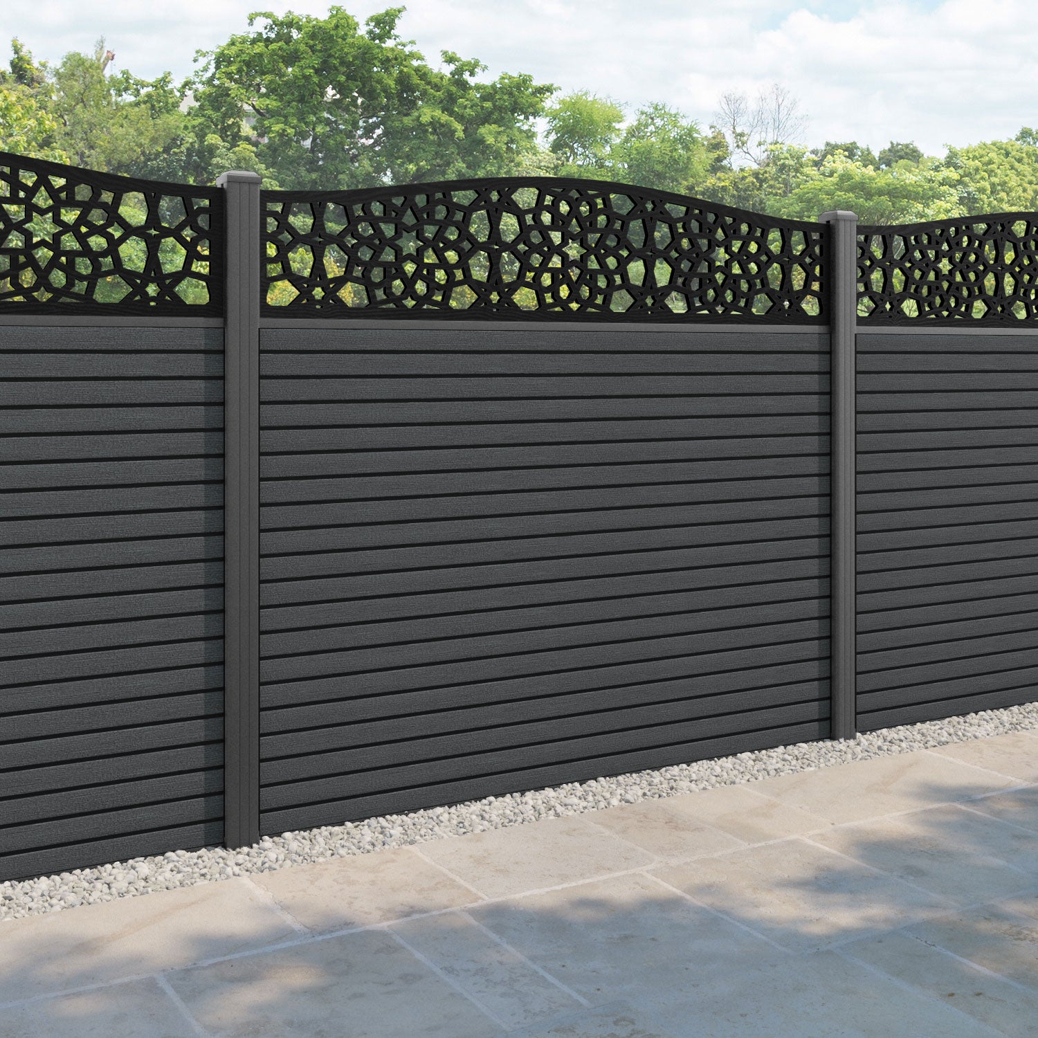 Hudson Nazira Curved Top Fence Panel - Dark Grey - with our aluminium posts