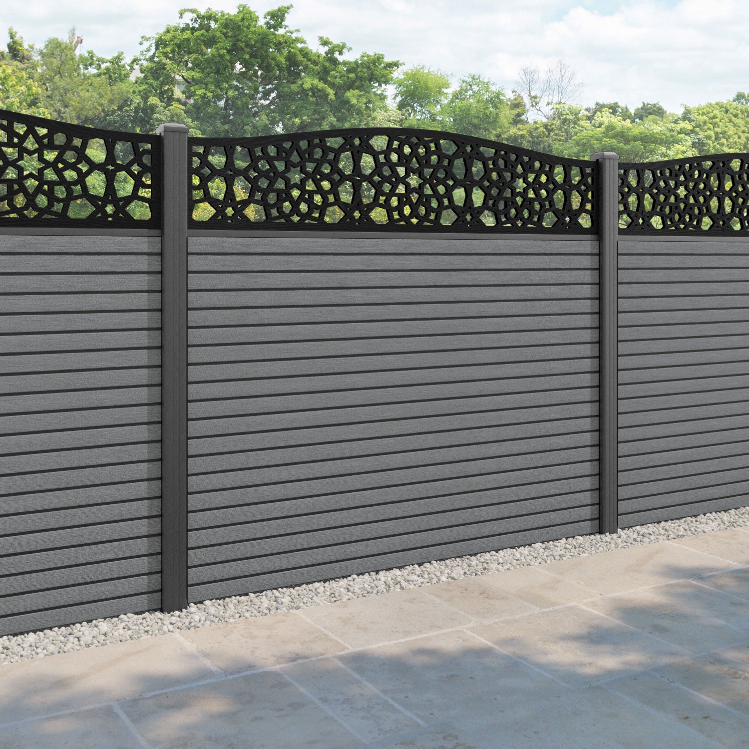 Hudson Nazira Curved Top Fence Panel - Mid Grey - with our aluminium posts