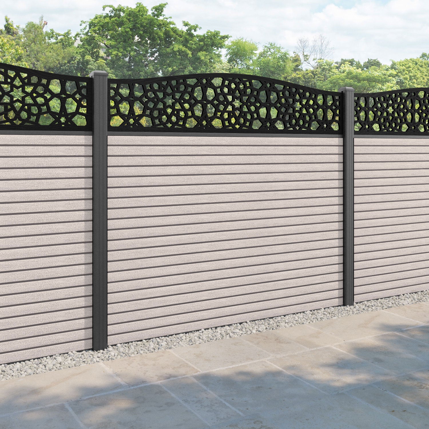 Hudson Nazira Curved Top Fence Panel - Mid Stone - with our aluminium posts