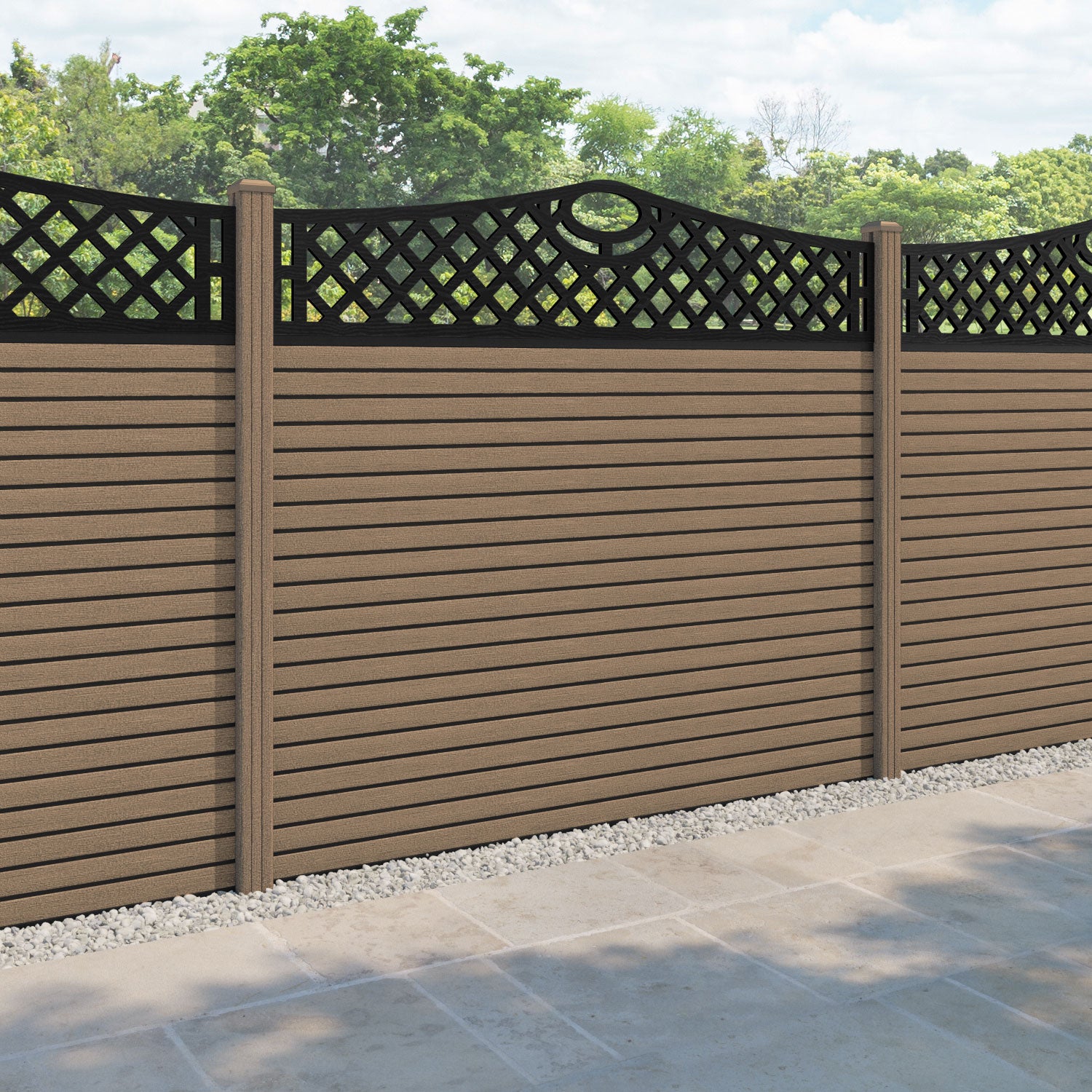 Hudson Oxford Curved Top Fence Panel - Teak - with our composite posts