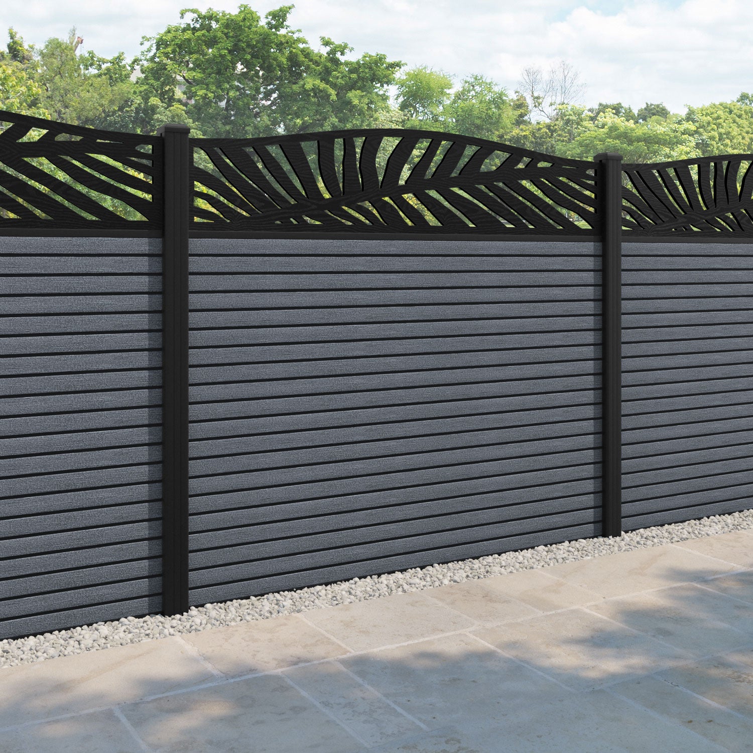 Hudson Palm Curved Top Fence Panel - Anthracite - with our aluminium posts