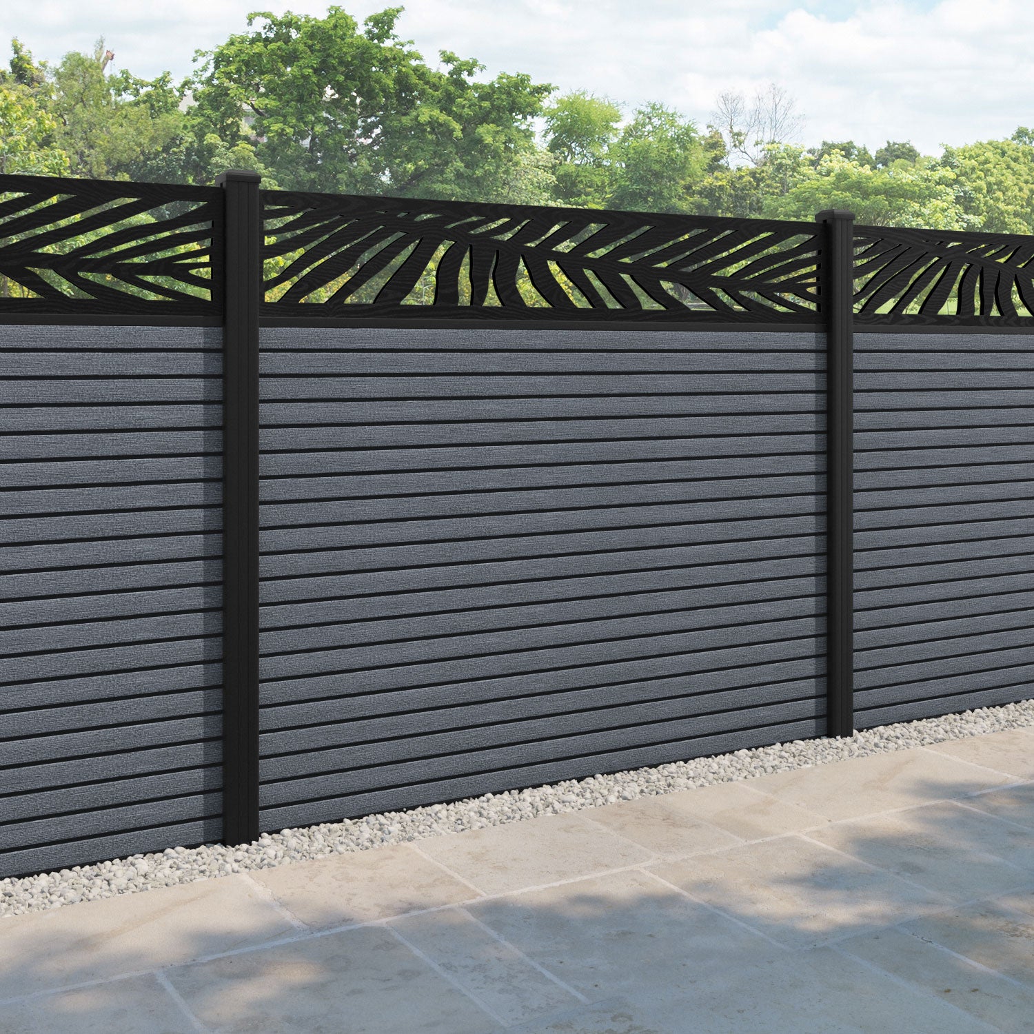 Hudson Palm Fence Panel - Anthracite - with our aluminium posts