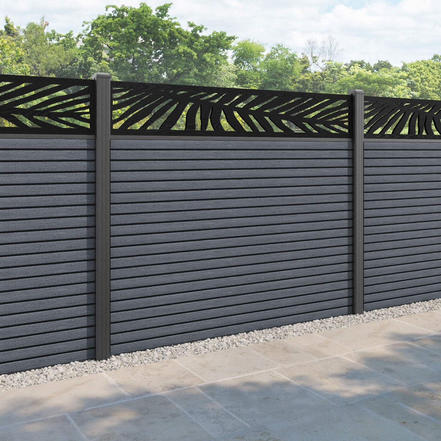 Hudson Palm Fence Panel - Anthracite - with our aluminium posts