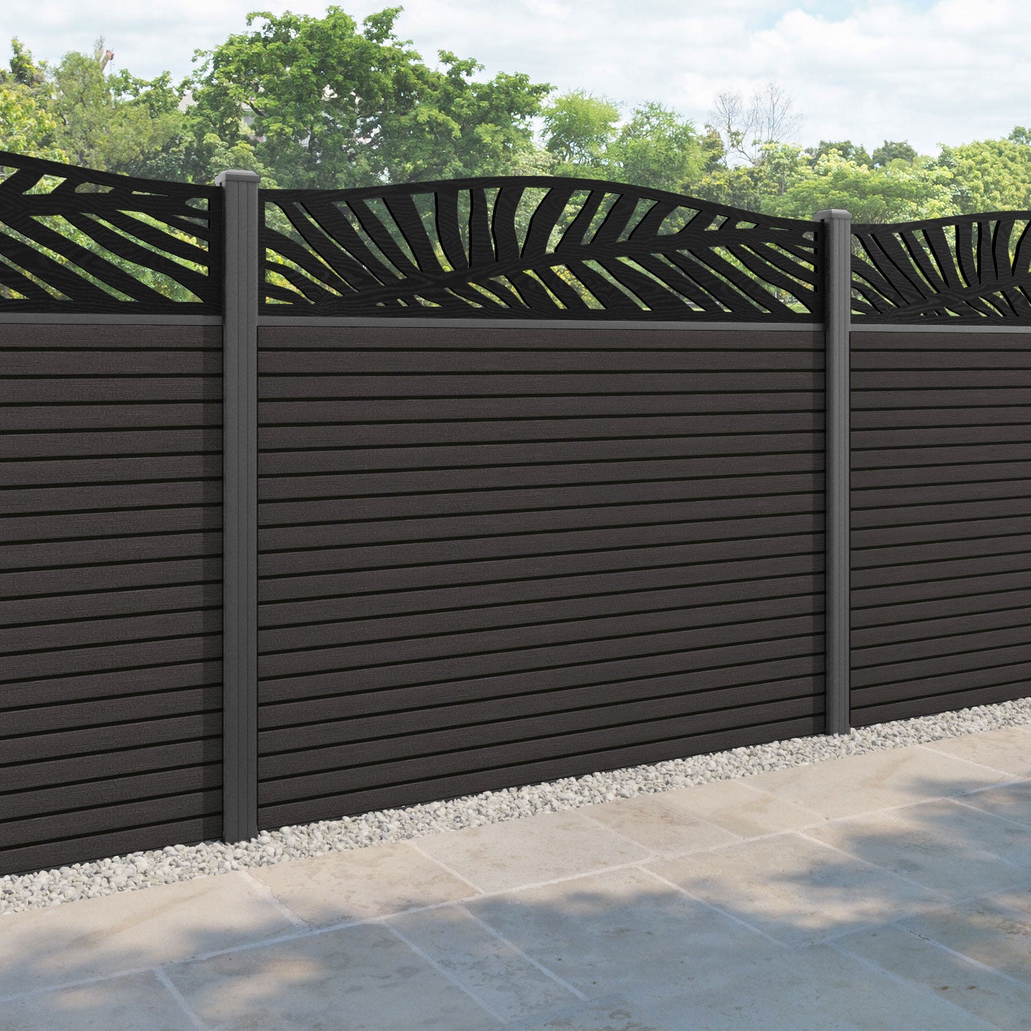 Hudson Palm Curved Top Fence Panel - Dark Oak - with our aluminium posts