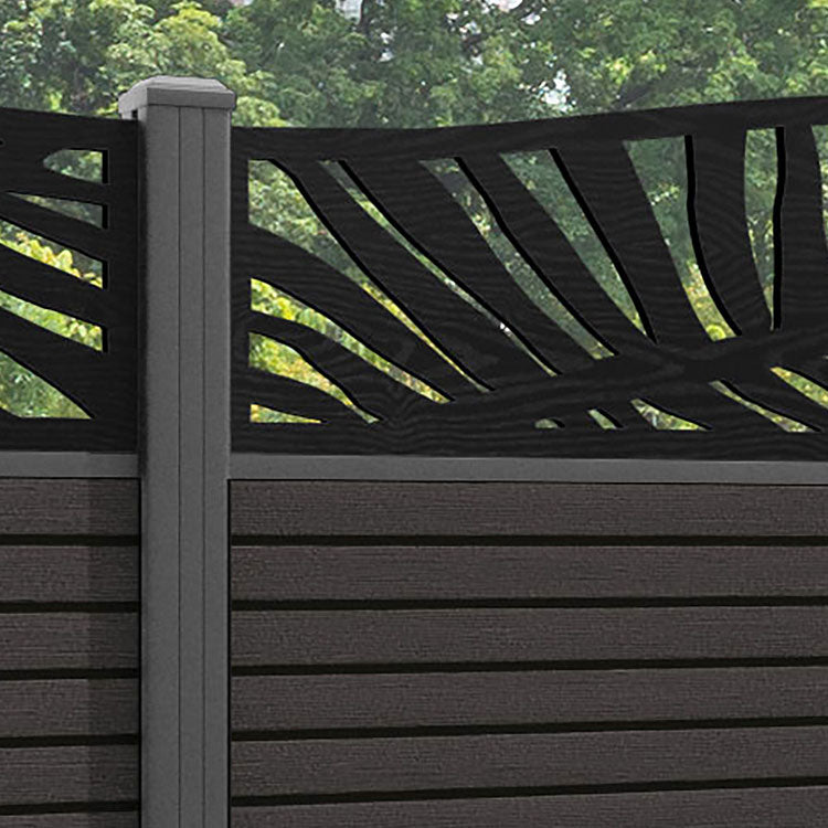 Hudson Palm Curved Top Fence Panel - Dark Oak - with our aluminium posts