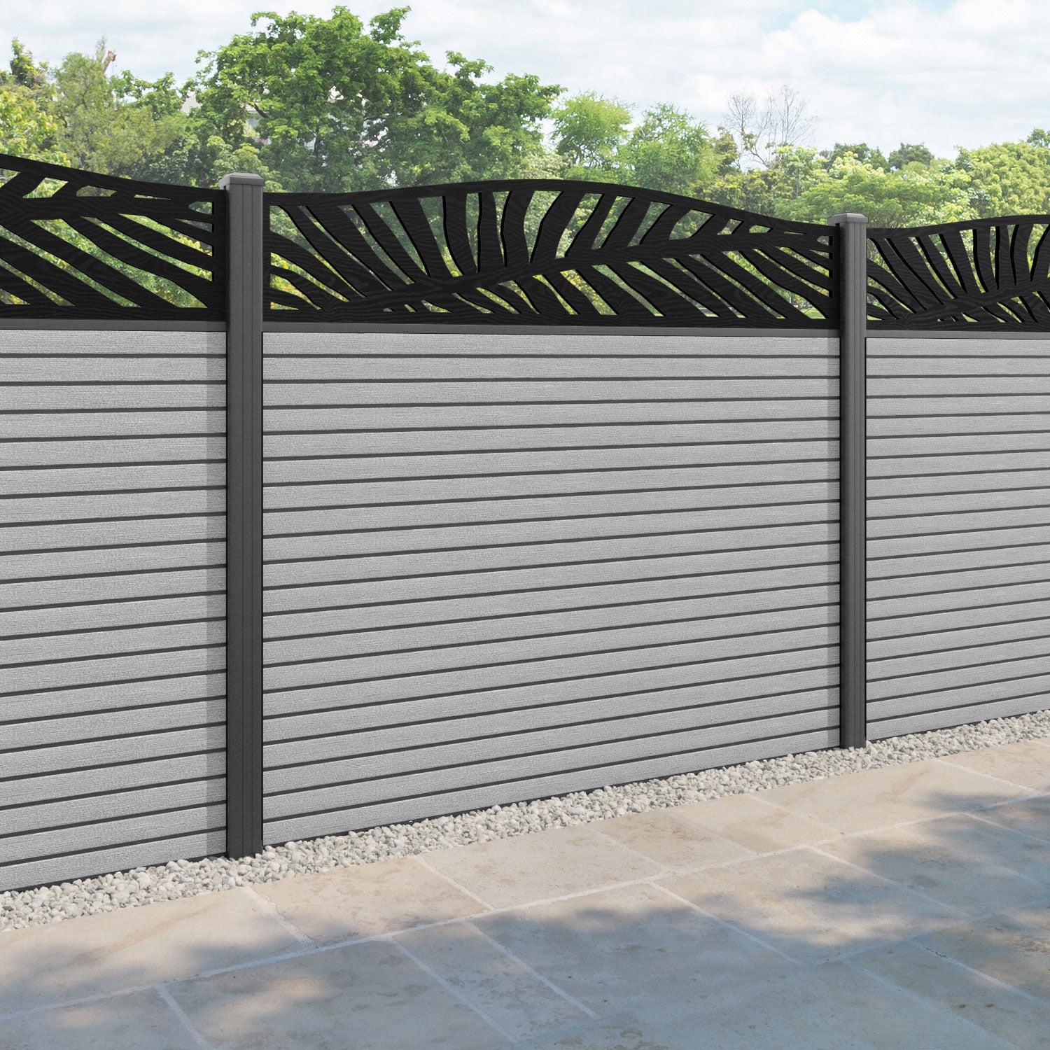 Hudson Palm Curved Top Fence Panel - Light Grey - with our aluminium posts