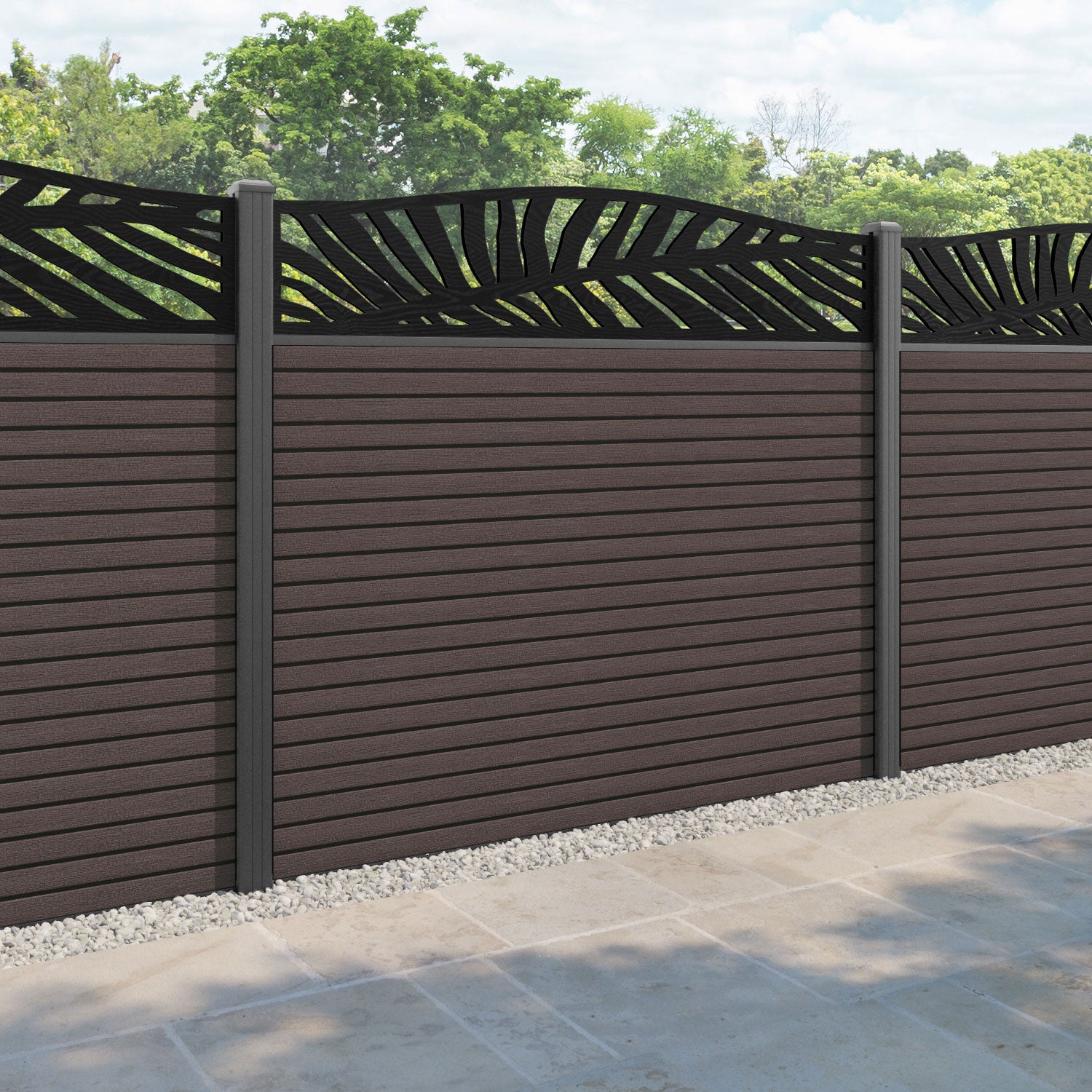 Hudson Palm Curved Top Fence Panel - Mid Brown - with our aluminium posts