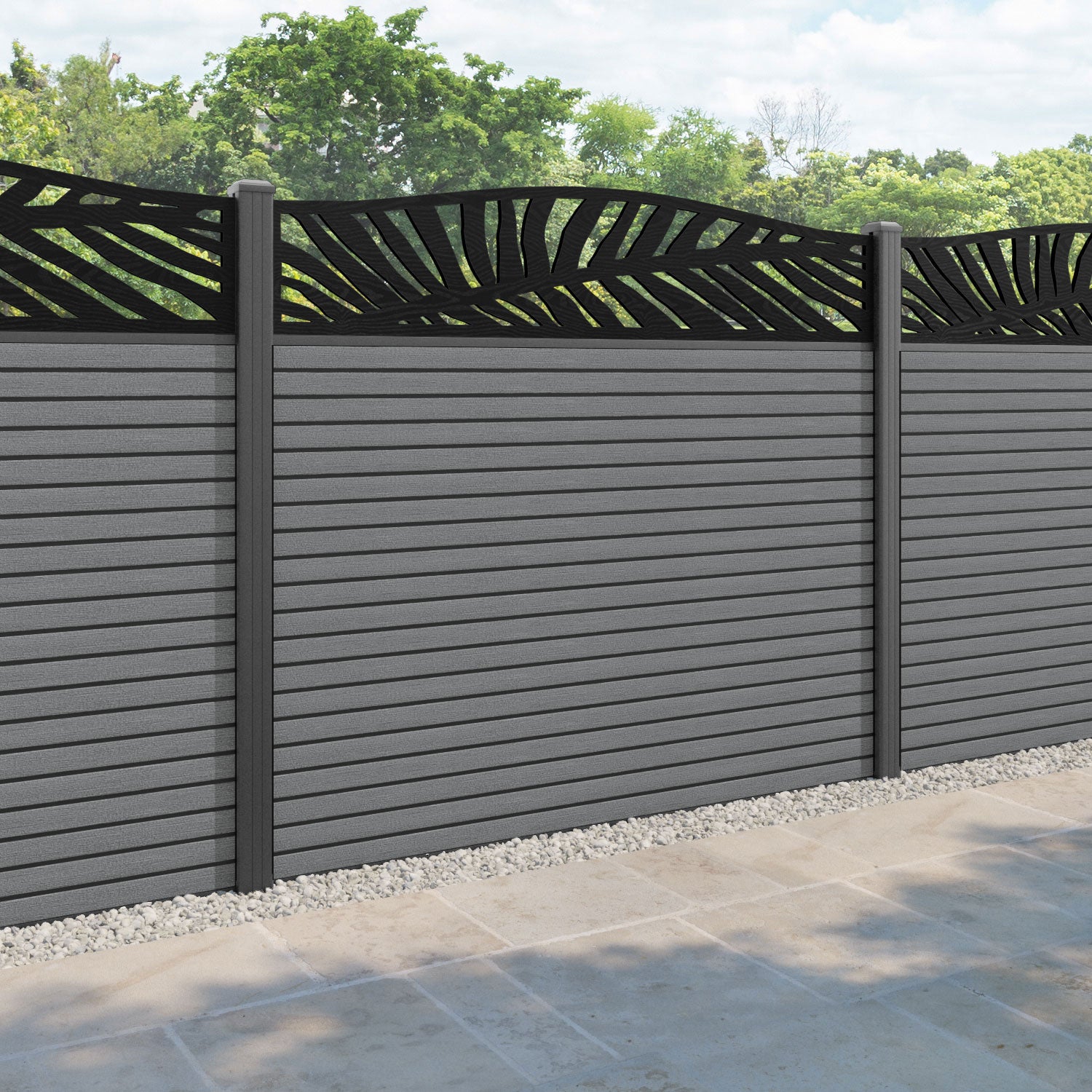 Hudson Palm Curved Top Fence Panel - Mid Grey - with our aluminium posts