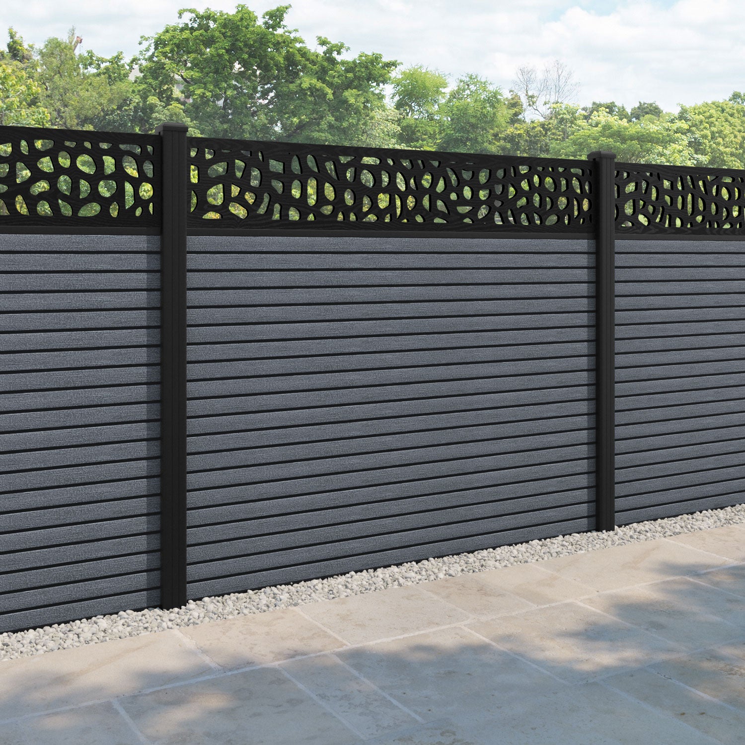 Hudson Pebble Fence Panel - Anthracite - with our aluminium posts