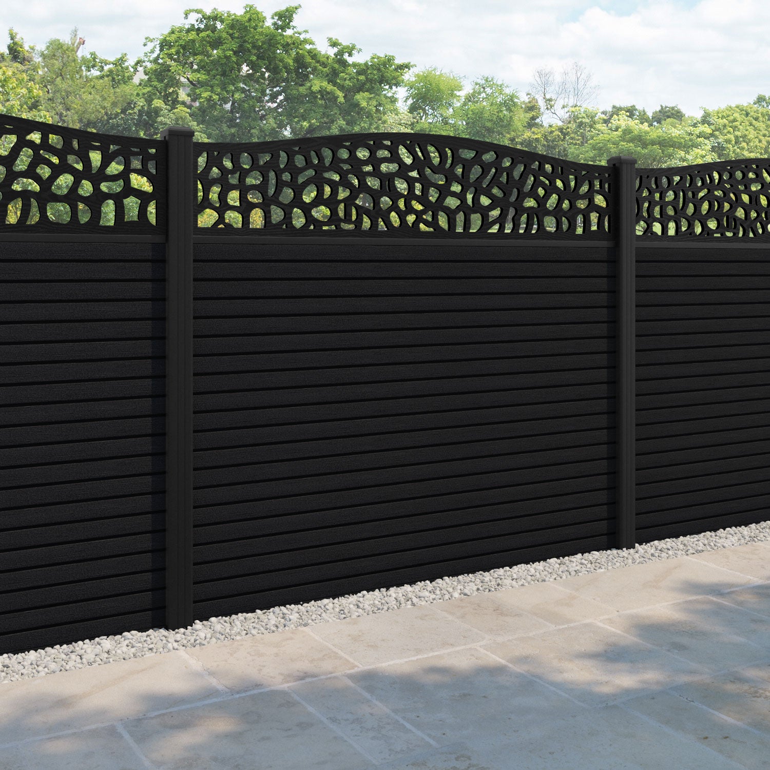 Hudson Pebble Curved Top Fence Panel - Black - with our aluminium posts