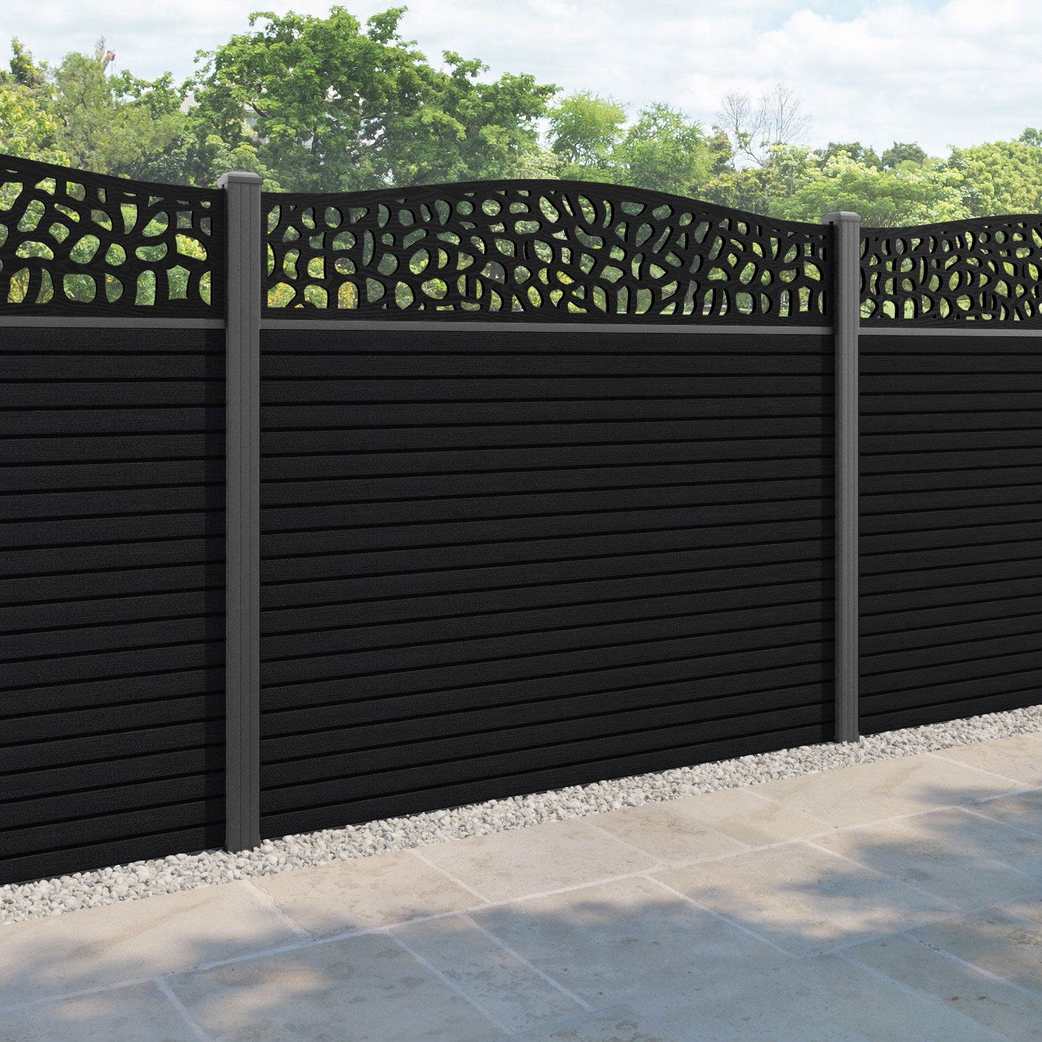 Hudson Pebble Curved Top Fence Panel - Black - with our aluminium posts