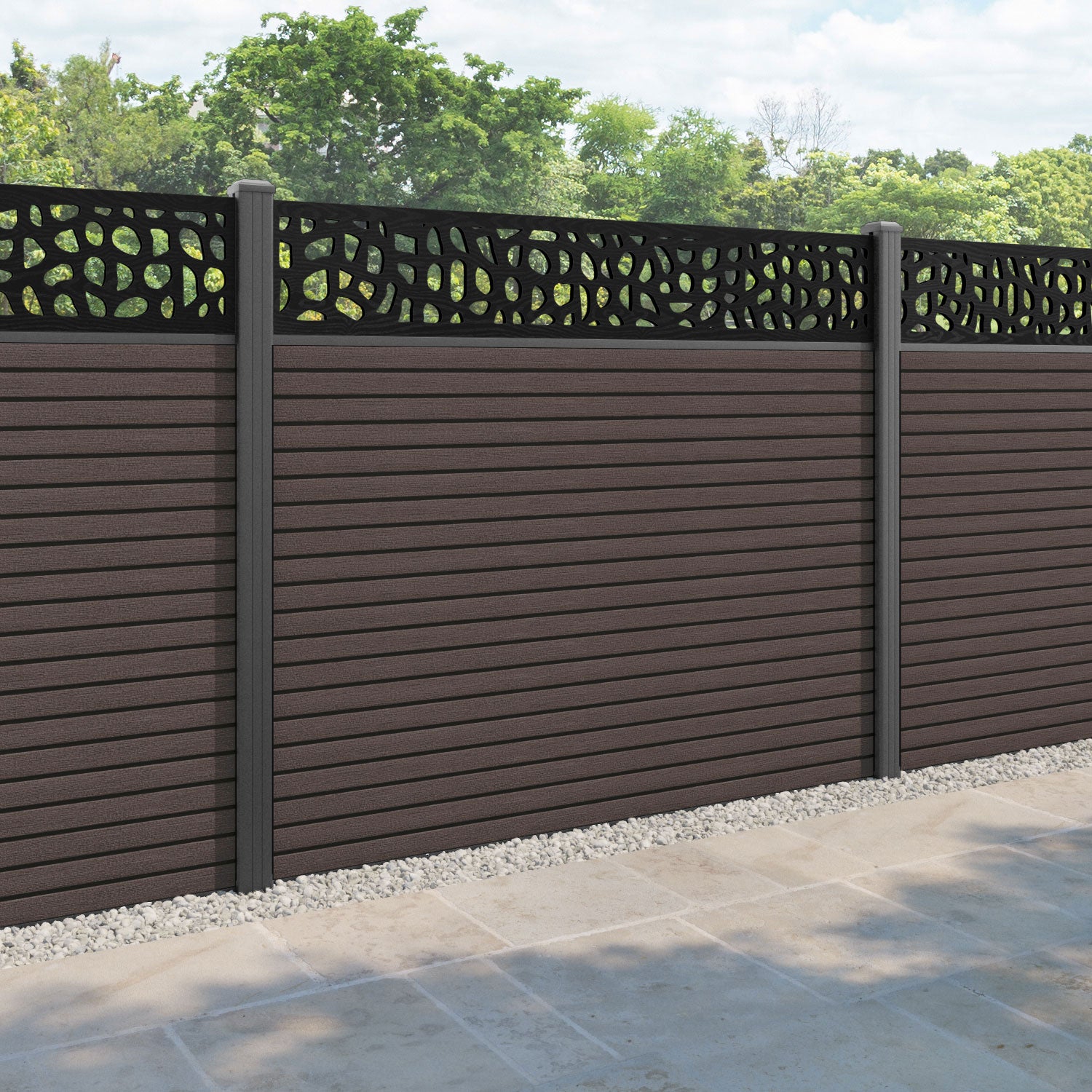 Hudson Pebble Fence Panel - Mid Brown - with our aluminium posts