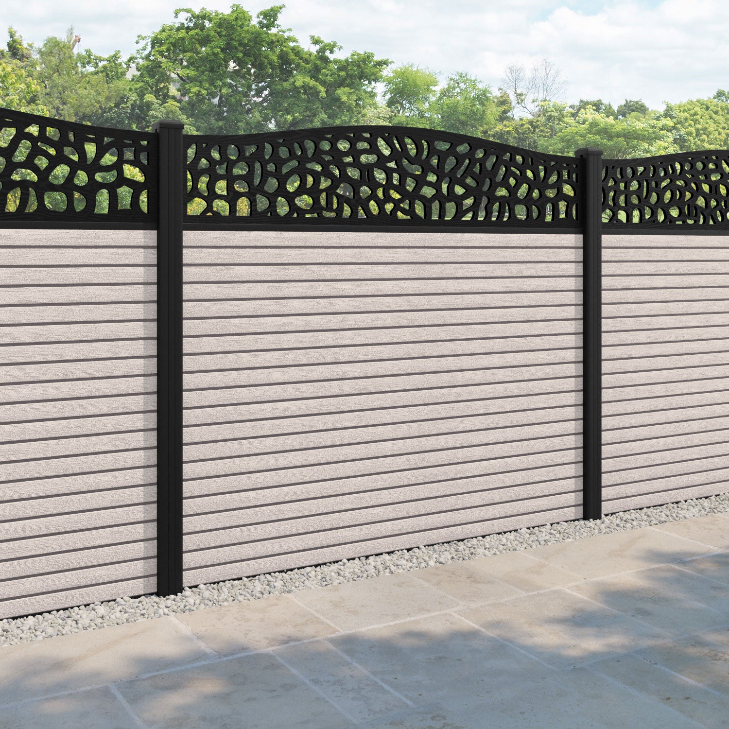 Hudson Pebble Curved Top Fence Panel - Mid Stone - with our aluminium posts