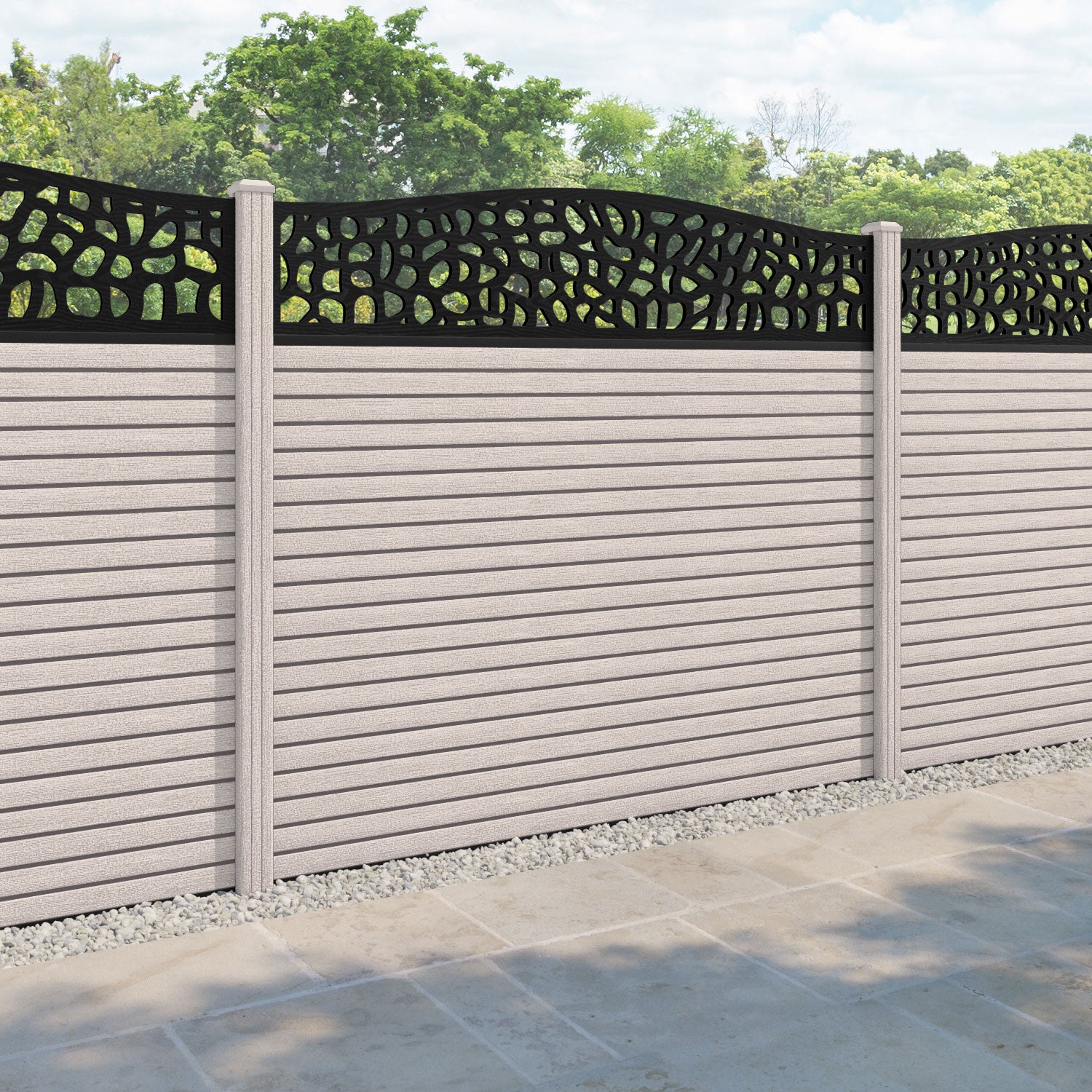 Hudson Pebble Curved Top Fence Panel - Mid Stone - with our composite posts