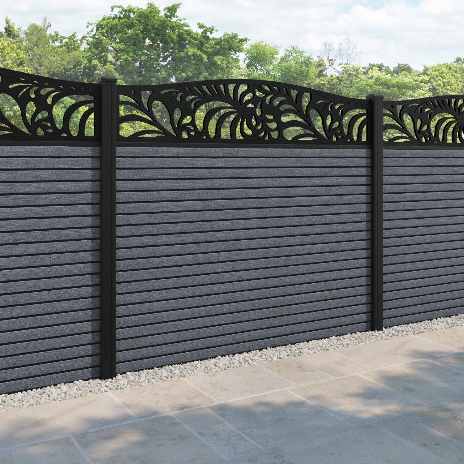 Hudson Petal Curved Top Fence Panel - Anthracite - with our aluminium posts
