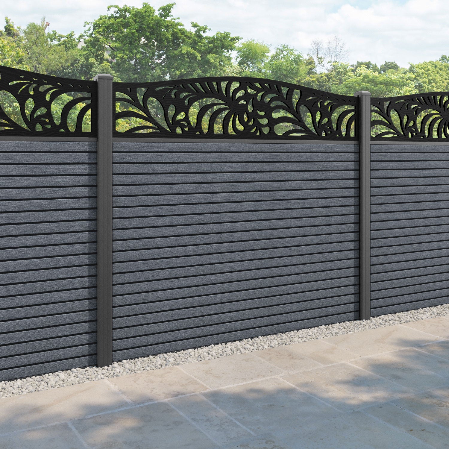 Hudson Petal Curved Top Fence Panel - Anthracite - with our aluminium posts