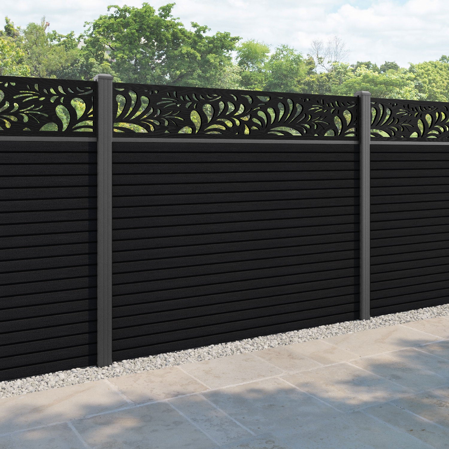 Hudson Petal Fence Panel - Black - with our aluminium posts