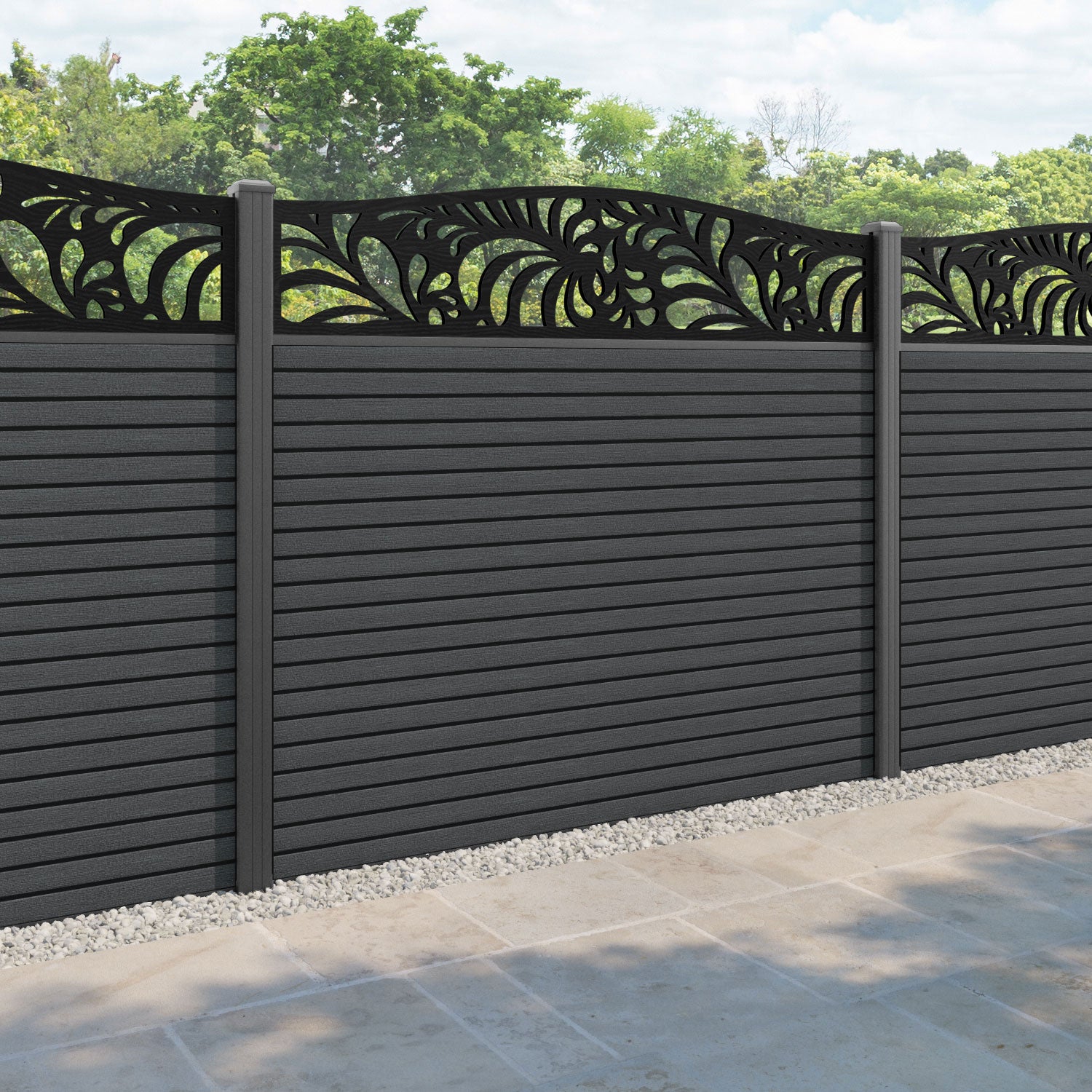 Hudson Petal Curved Top Fence Panel - Dark Grey - with our aluminium posts