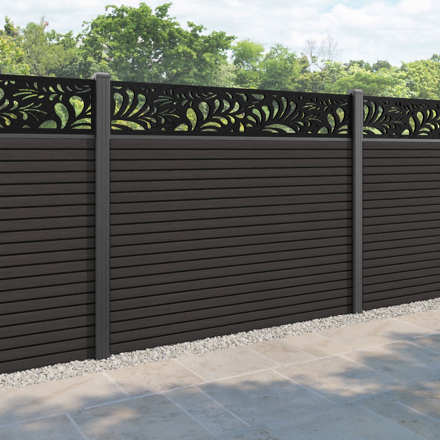 Hudson Petal Fence Panel - Dark Oak - with our aluminium posts