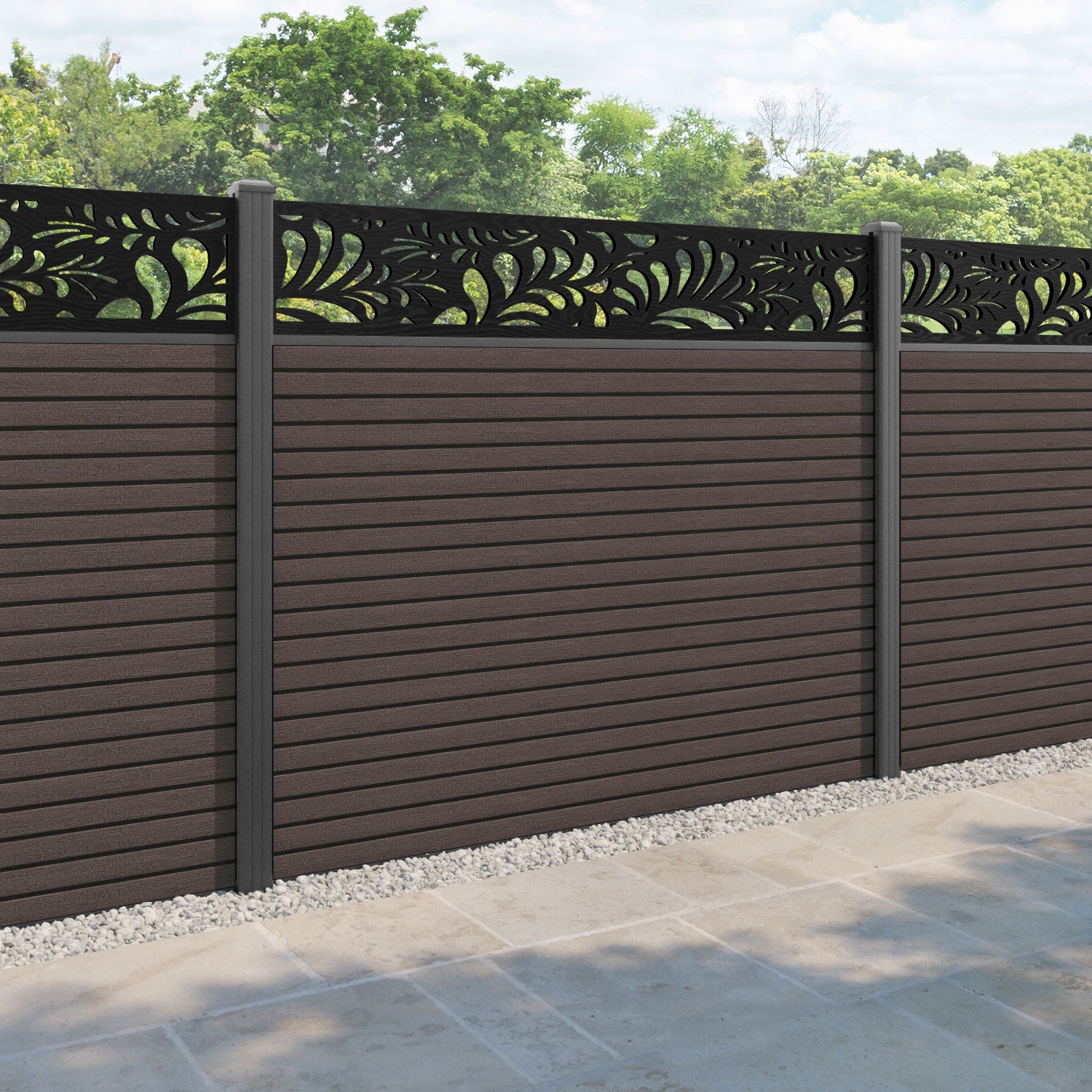 Hudson Petal Fence Panel - Mid Brown - with our aluminium posts