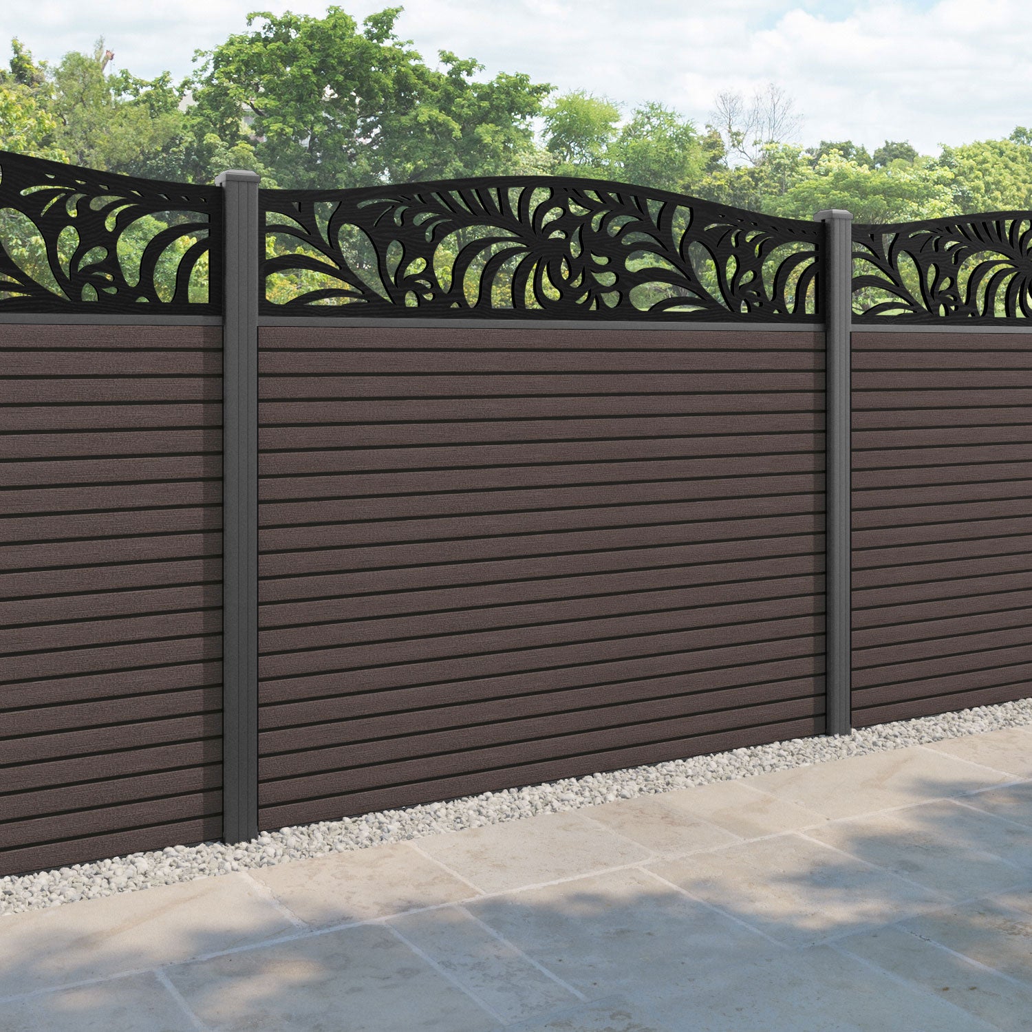 Hudson Petal Curved Top Fence Panel - Mid Brown - with our aluminium posts