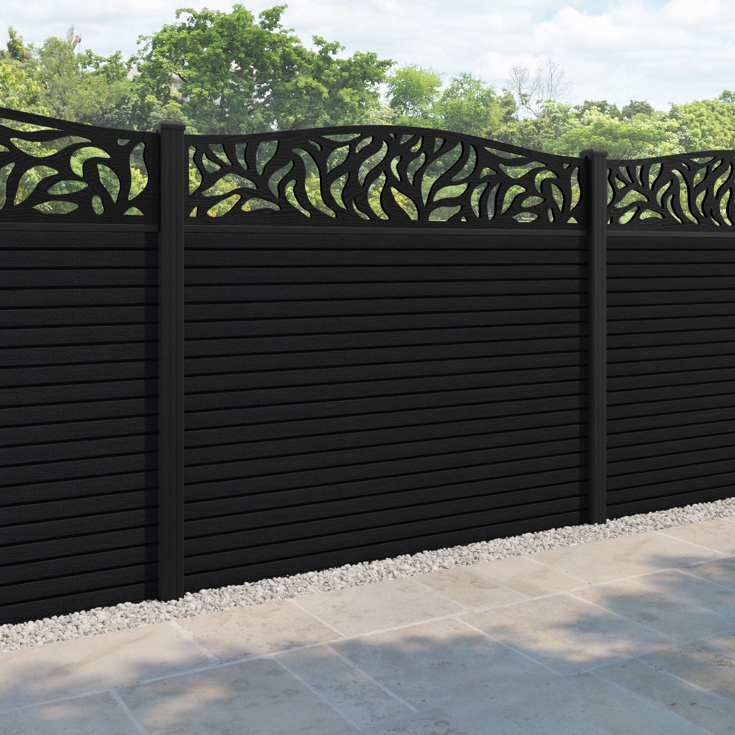 Hudson Plume Curved Top Fence Panel - Black - with our aluminium posts