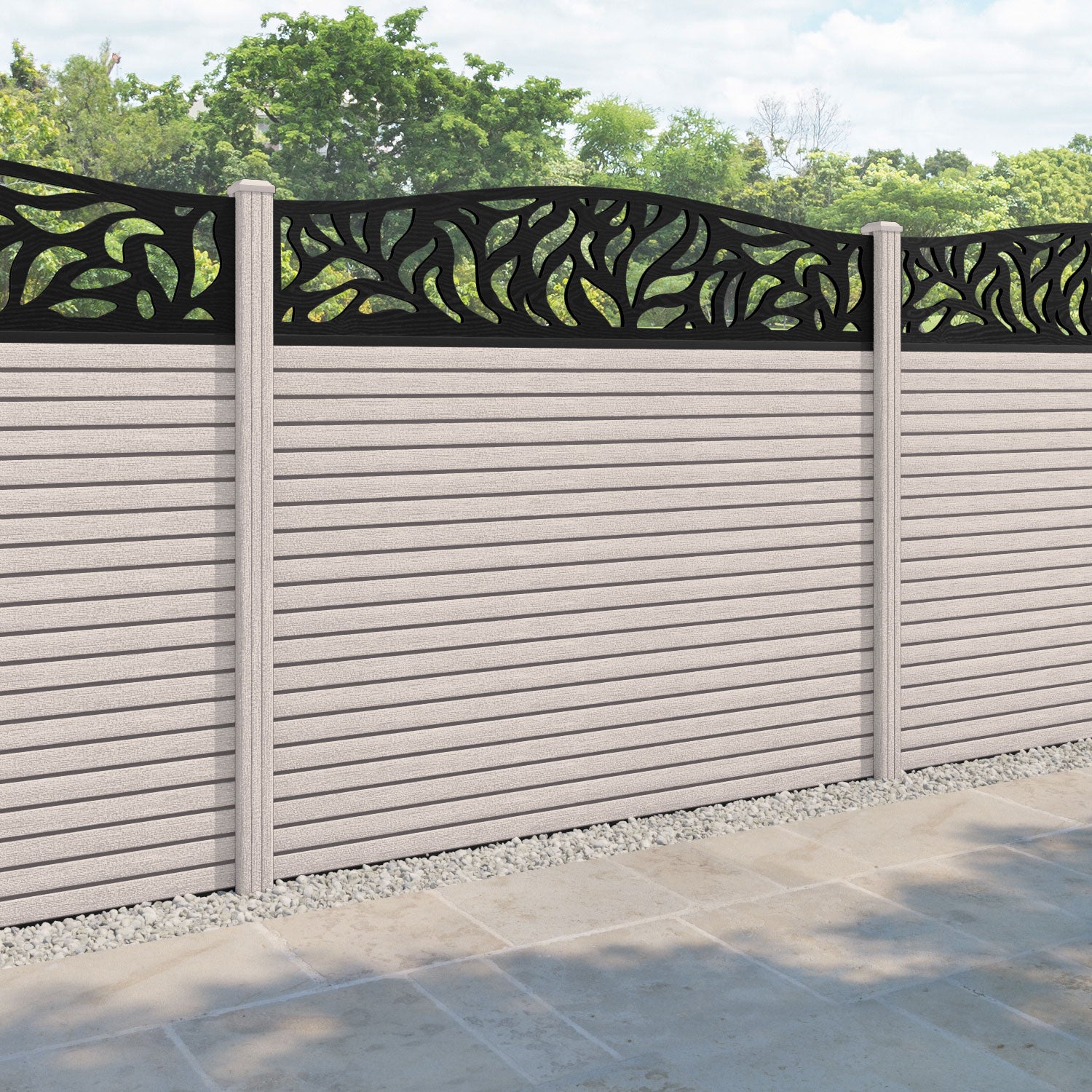 Hudson Plume Curved Top Fence Panel - Mid Stone - with our composite posts