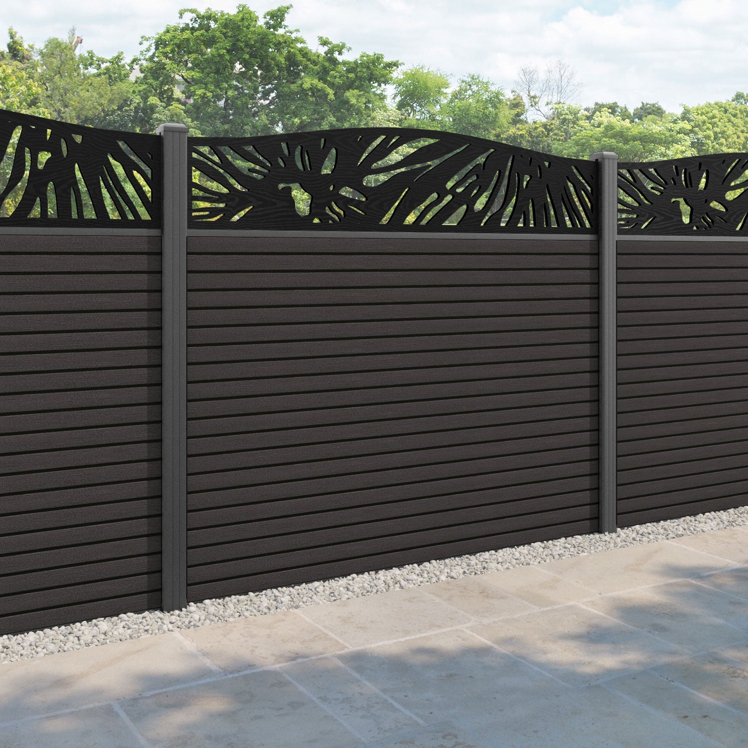 Hudson Poppy Curved Top Fence Panel - Dark Oak - with our aluminium posts
