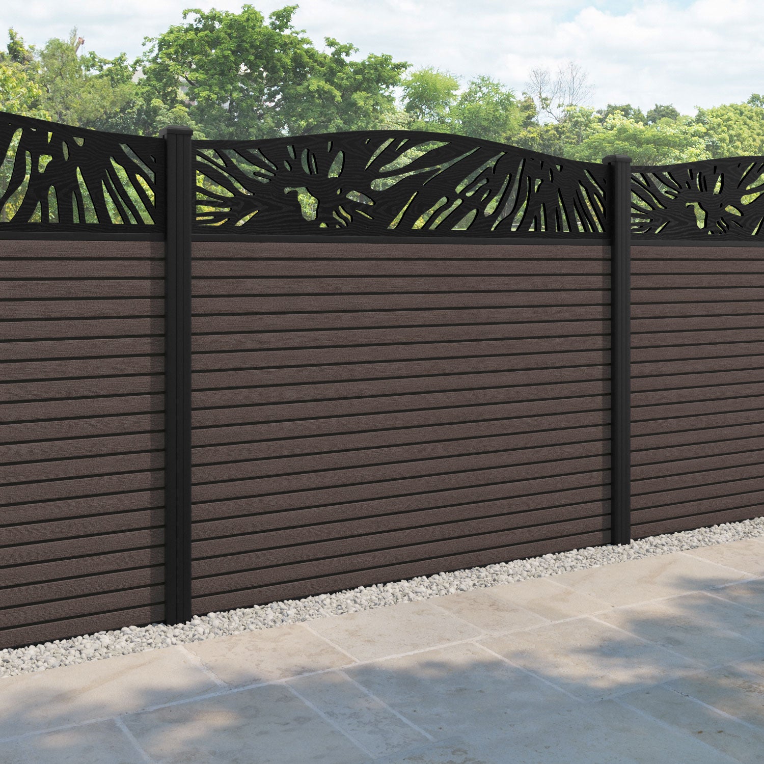 Hudson Poppy Curved Top Fence Panel - Mid Brown - with our aluminium posts