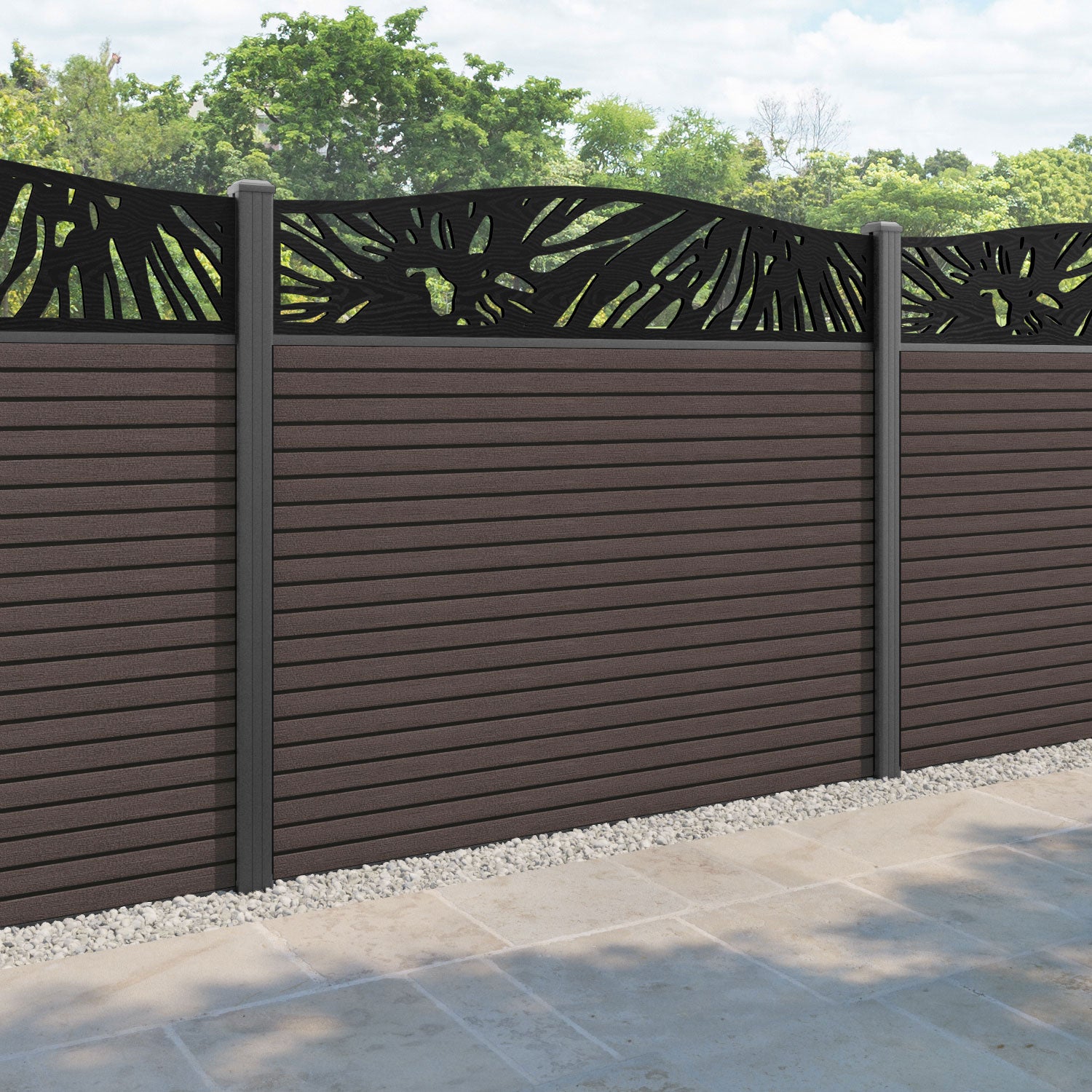 Hudson Poppy Curved Top Fence Panel - Mid Brown - with our aluminium posts
