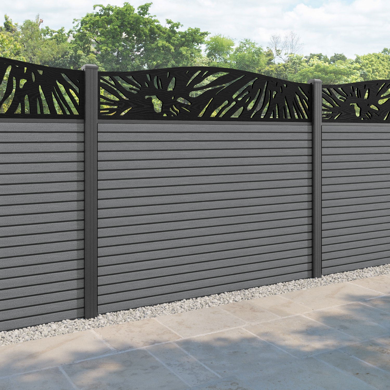 Hudson Poppy Curved Top Fence Panel - Mid Grey - with our aluminium posts