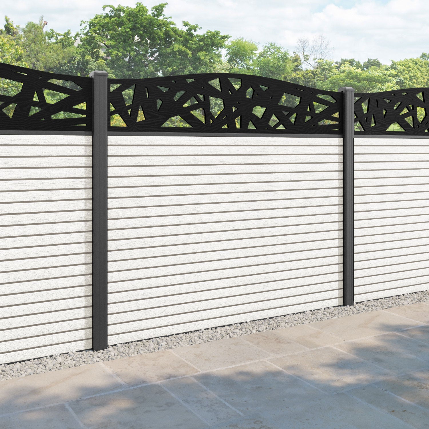 Hudson Prism Curved Top Fence Panel - Light Stone - with our aluminium posts