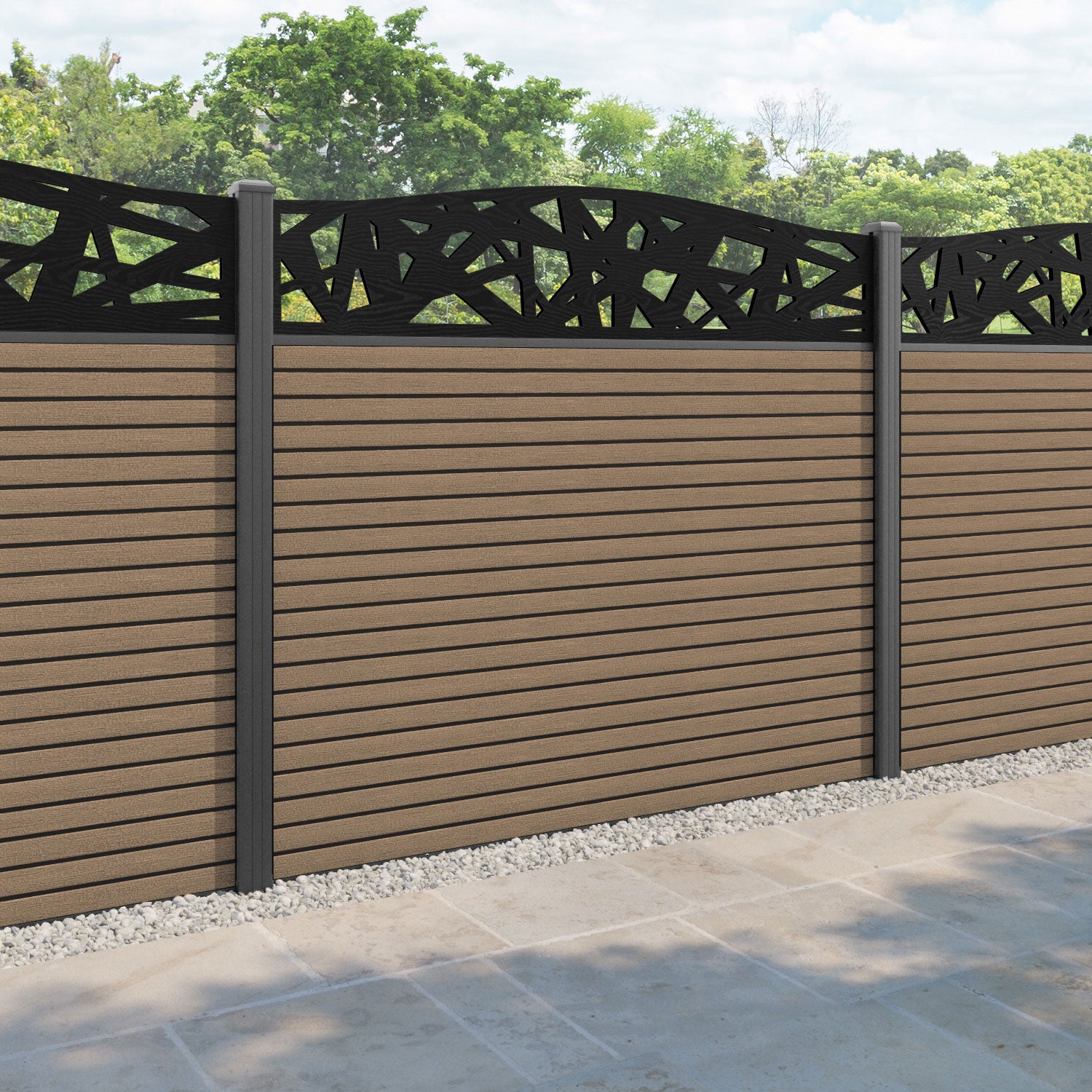 Hudson Prism Curved Top Fence Panel - Teak - with our aluminium posts