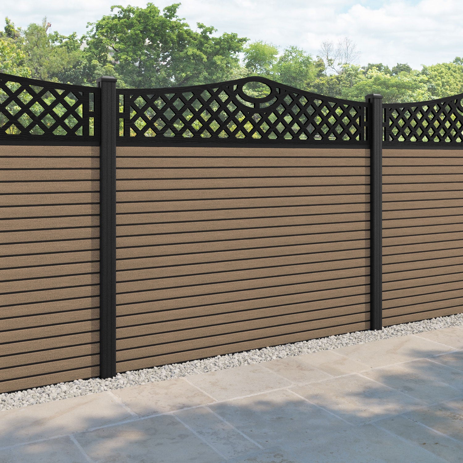 Hudson Oxford Curved Top Fence Panel - Teak - with our composite posts
