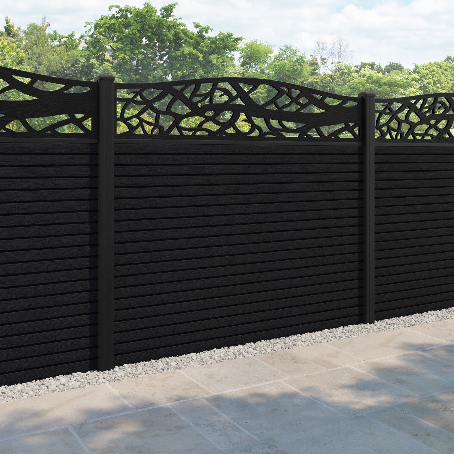 Hudson Twilight Curved Top Fence Panel - Black - with our aluminium posts