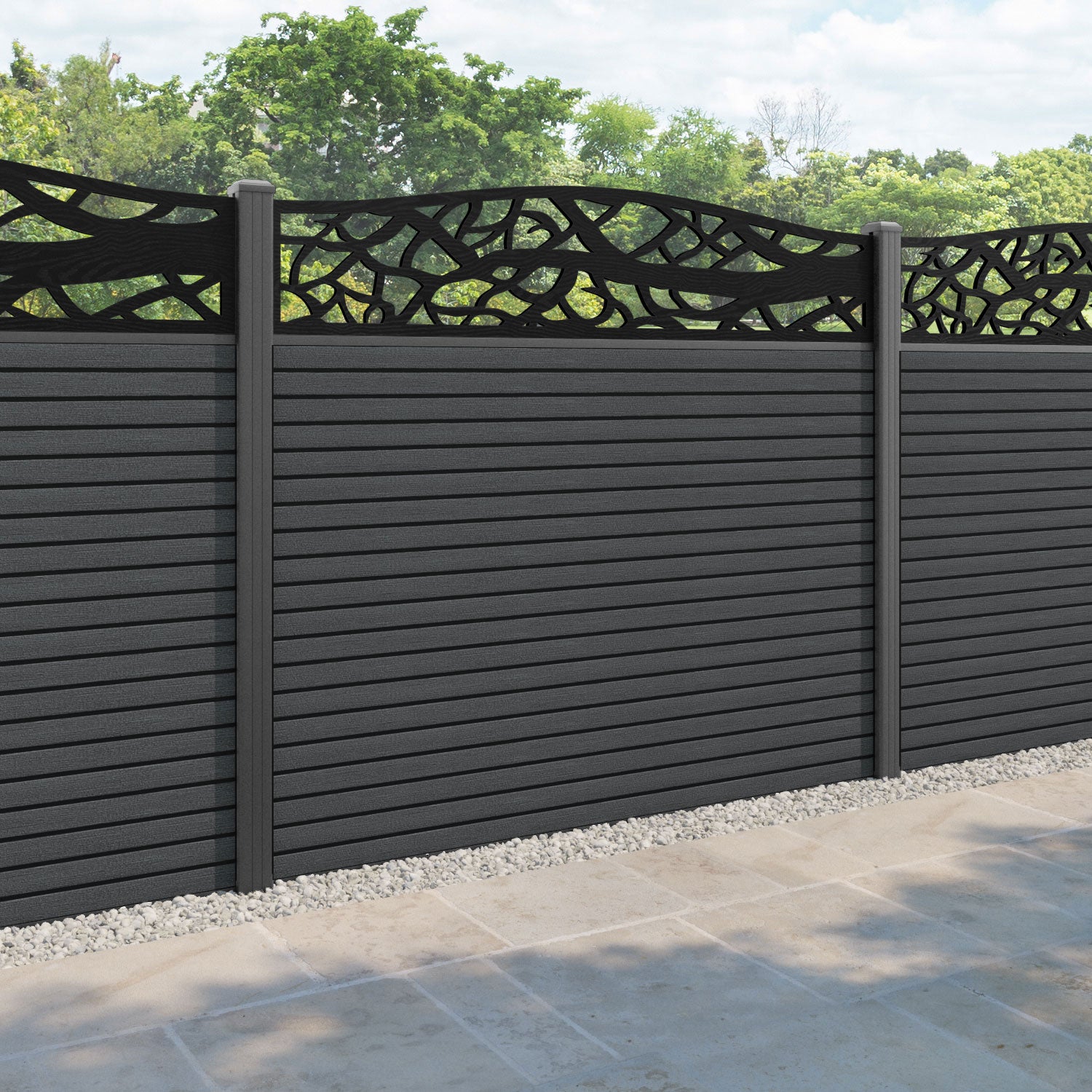 Hudson Twilight Curved Top Fence Panel - Dark Grey - with our aluminium posts