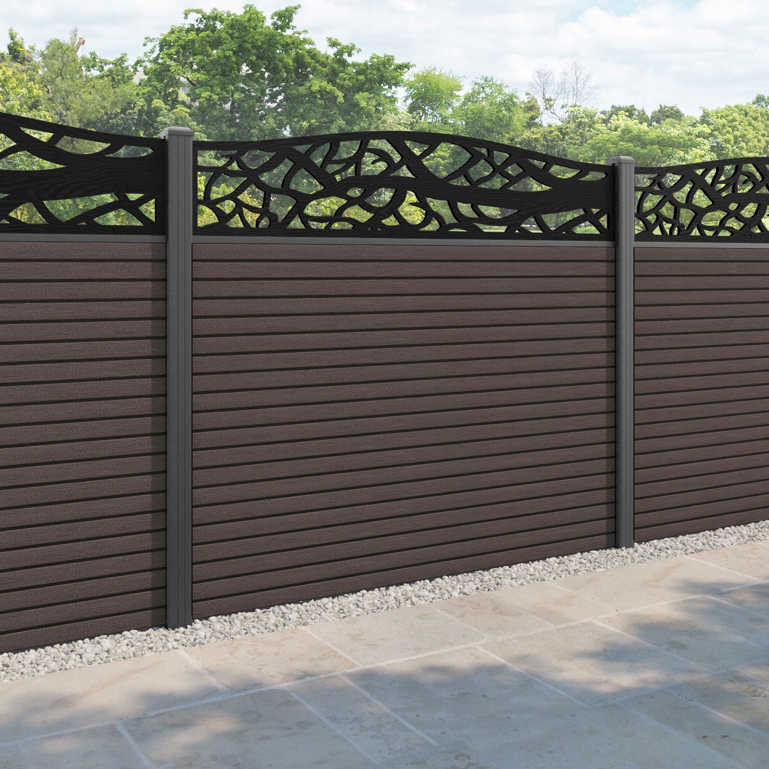 Hudson Twilight Curved Top Fence Panel - Mid Brown - with our aluminium posts