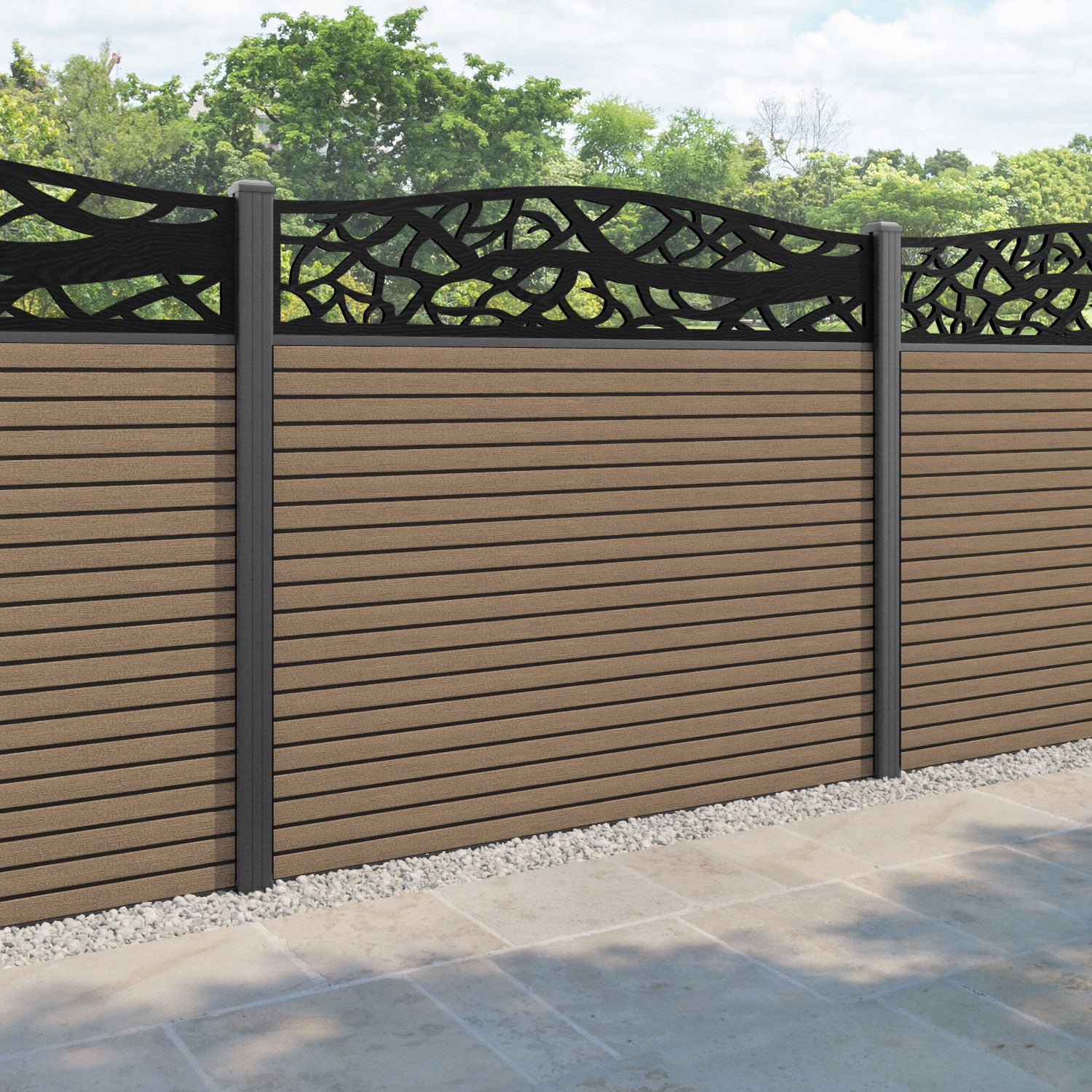 Hudson Twilight Curved Top Fence Panel - Teak - with our aluminium posts
