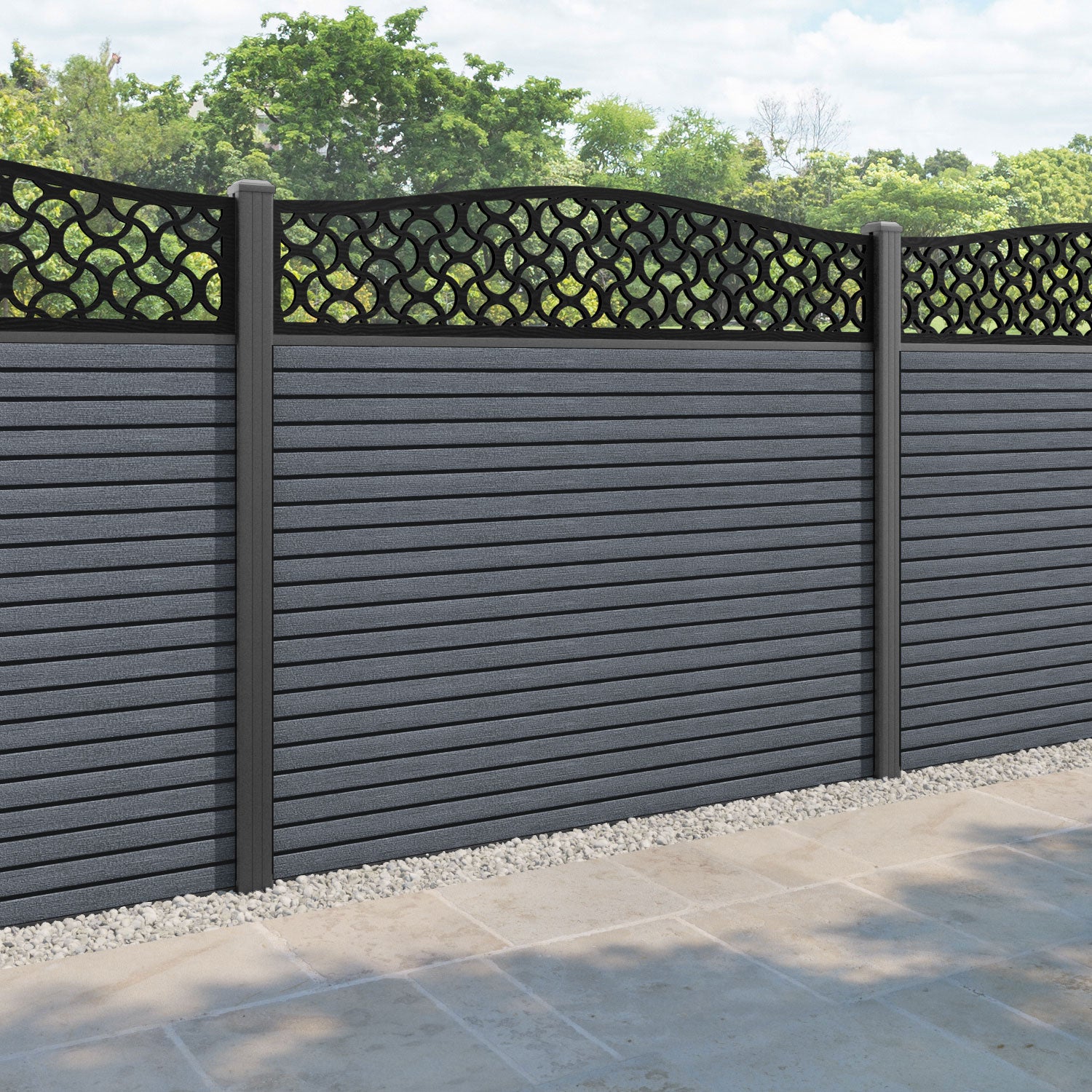 Hudson Vida Curved Top Fence Panel - Anthracite - with our aluminium posts