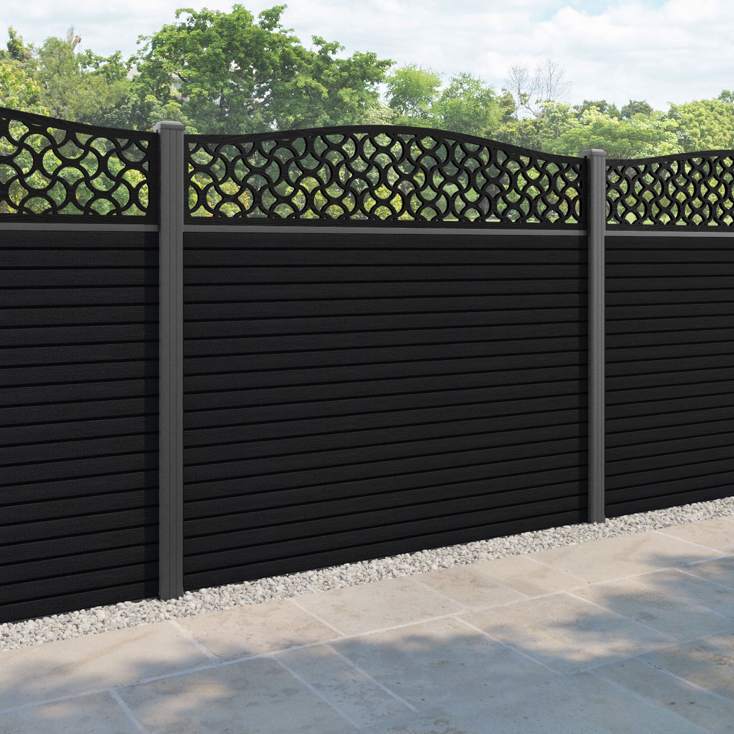 Hudson Vida Curved Top Fence Panel - Black - with our aluminium posts