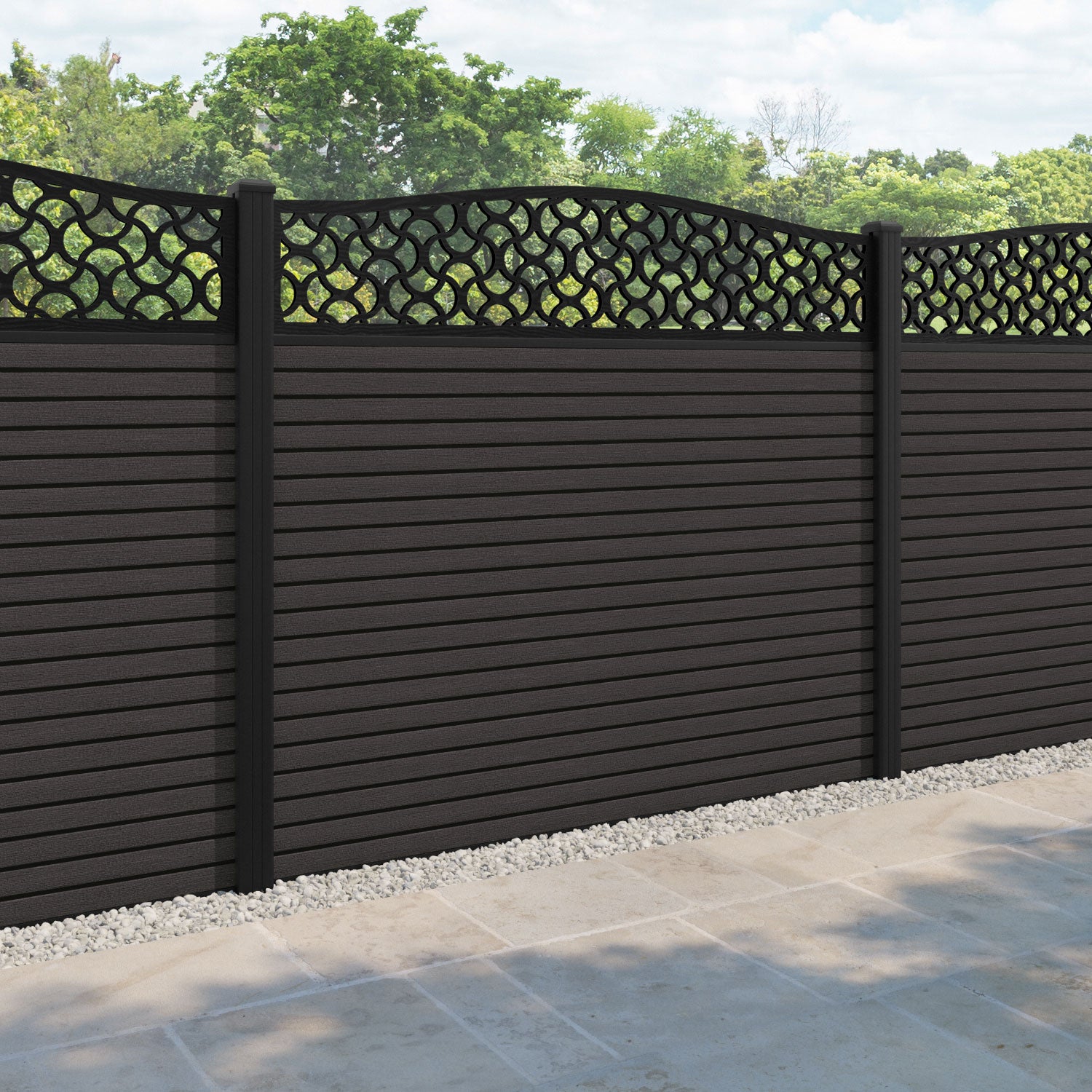 Hudson Vida Curved Top Fence Panel - Dark Oak - with our aluminium posts