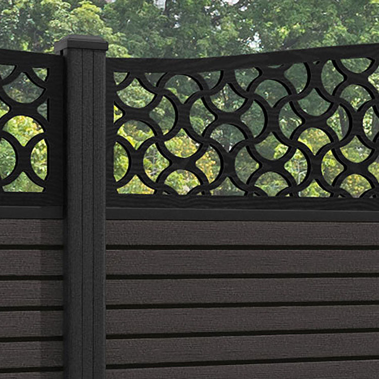 Hudson Vida Curved Top Fence Panel - Dark Oak - with our aluminium posts