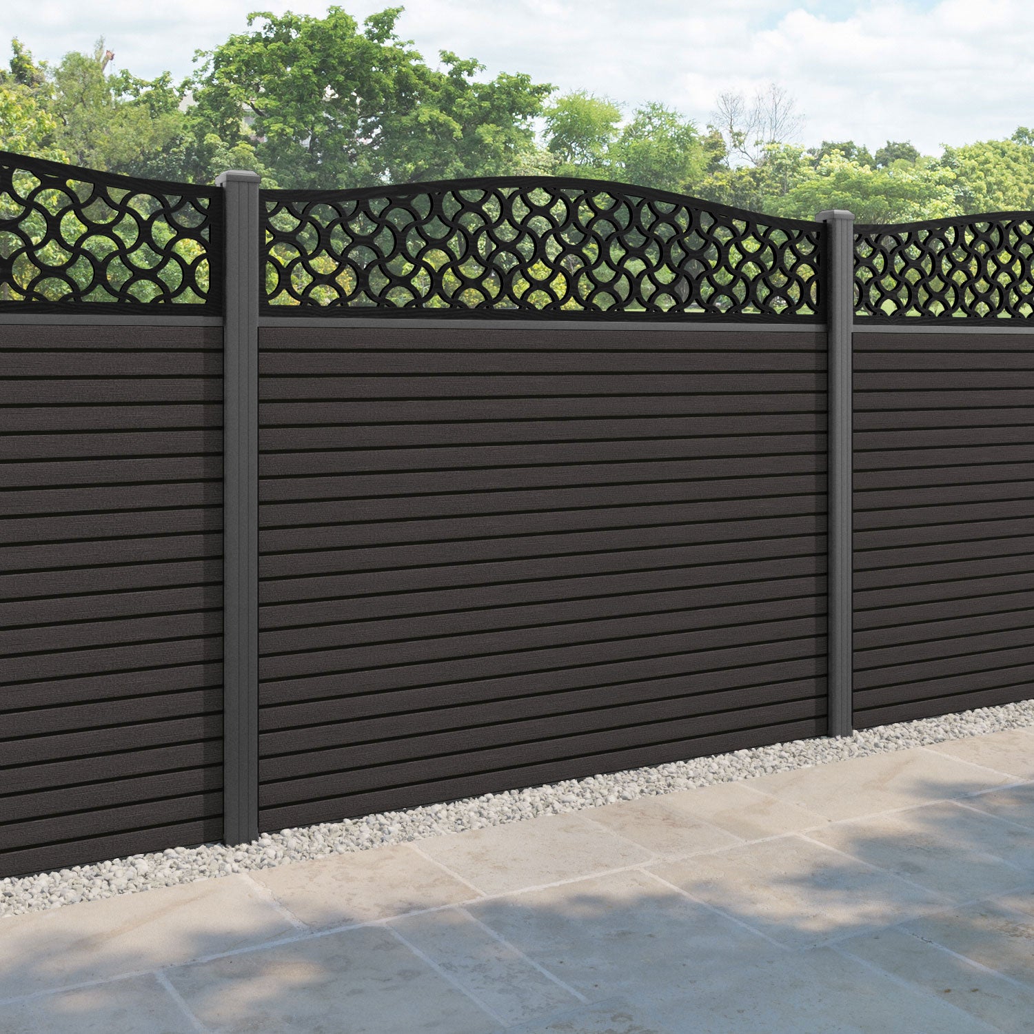 Hudson Vida Curved Top Fence Panel - Dark Oak - with our aluminium posts