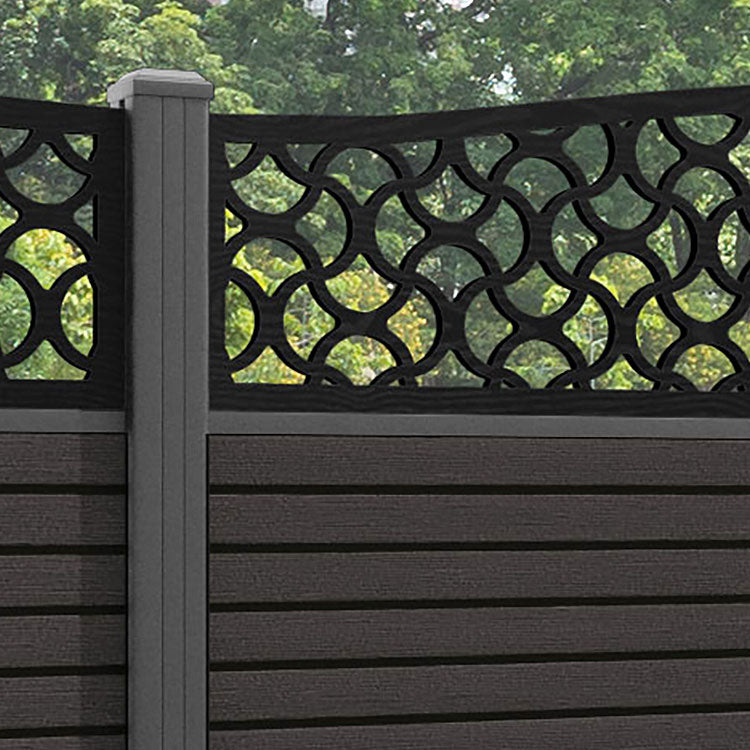 Hudson Vida Curved Top Fence Panel - Dark Oak - with our aluminium posts