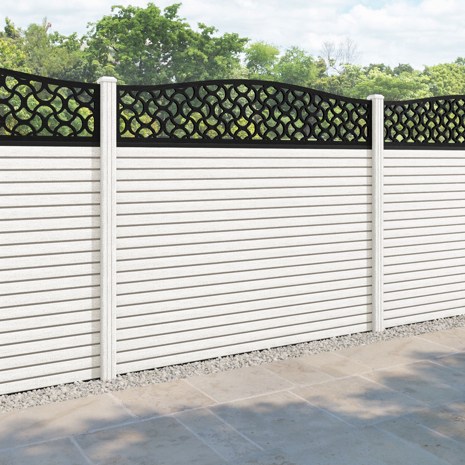 Hudson Vida Curved Top Fence Panel - Light Stone - with our composite posts