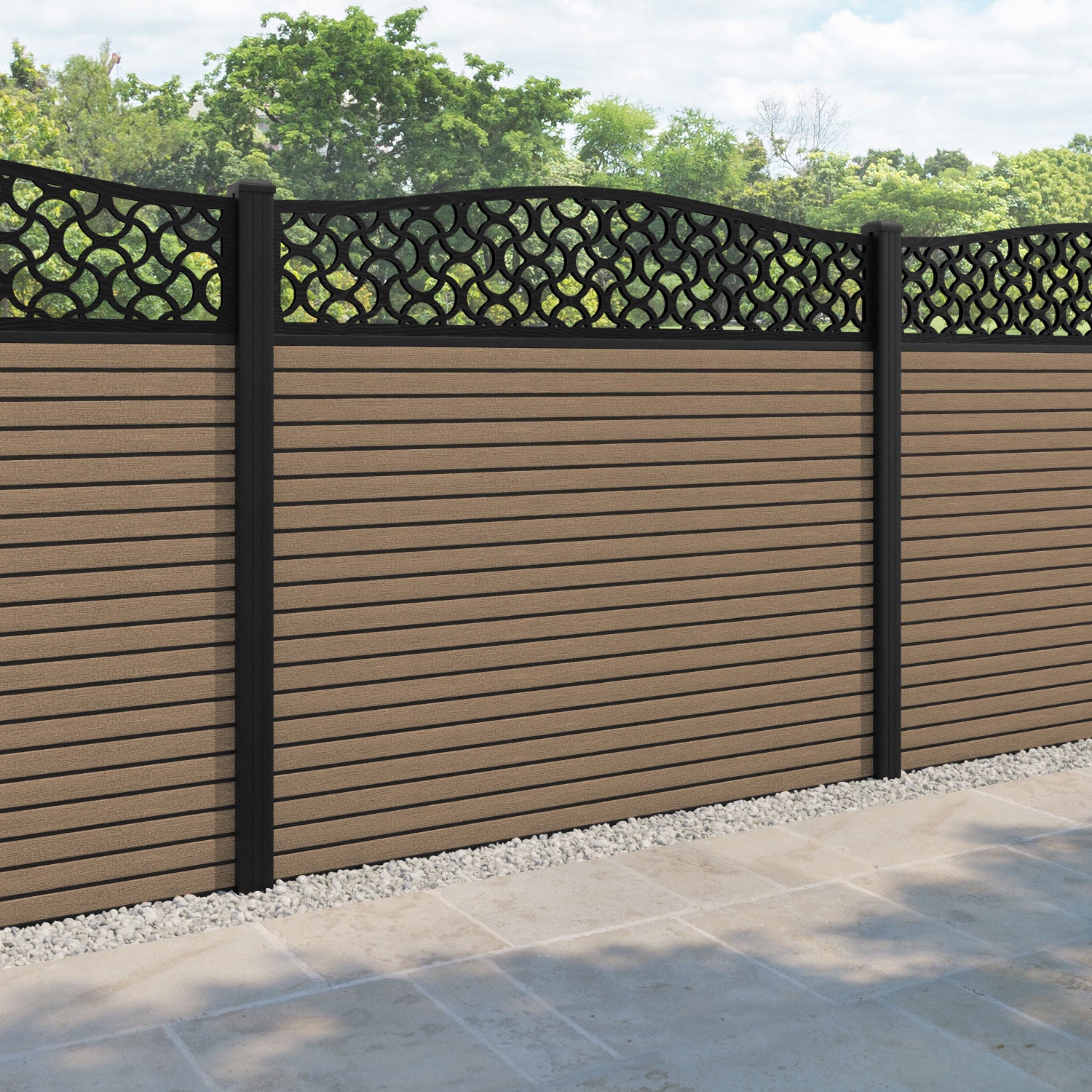 Hudson Vida Curved Top Fence Panel - Teak - with our aluminium posts