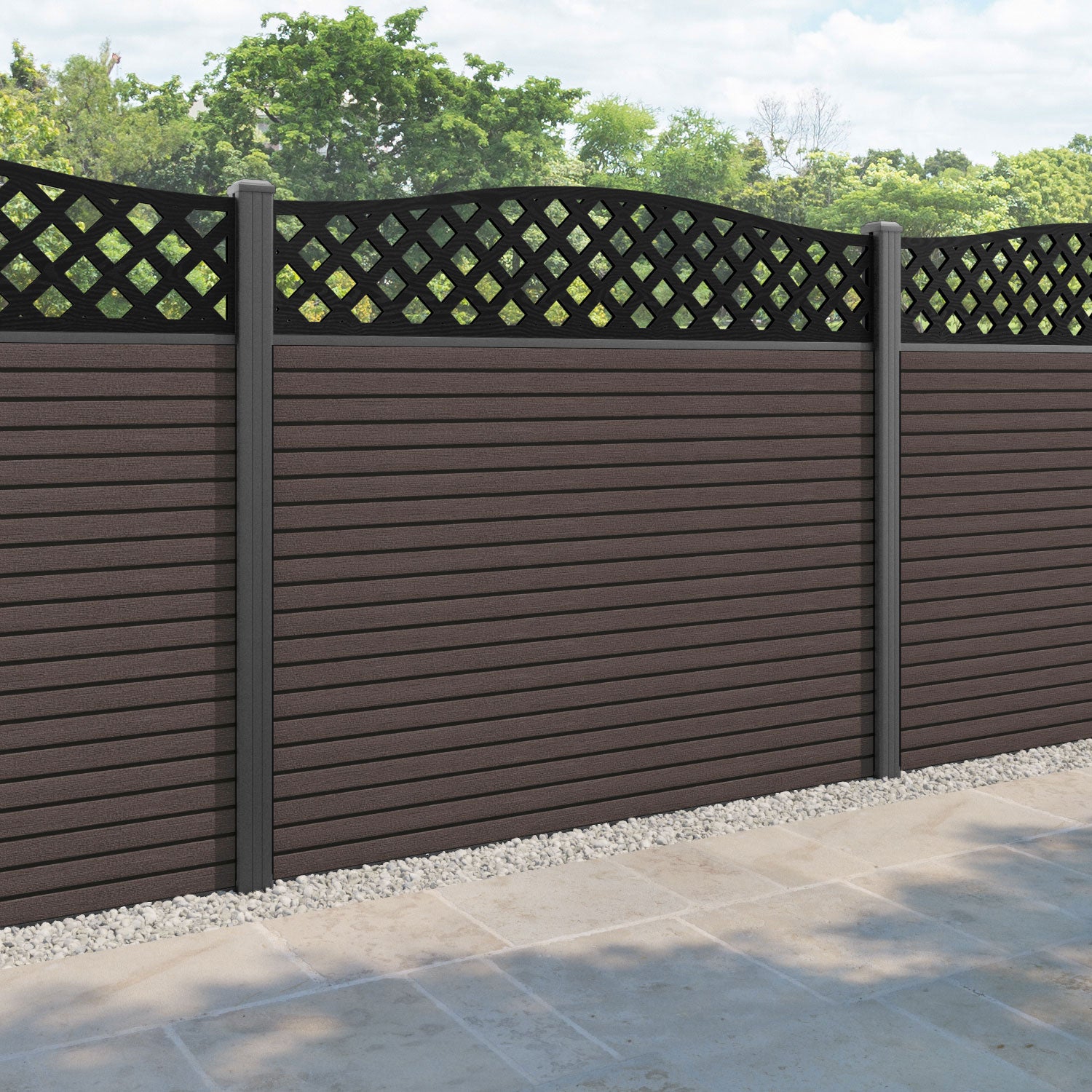 Hudson High Wave Fence Panel - Mid Brown - with our aluminium posts