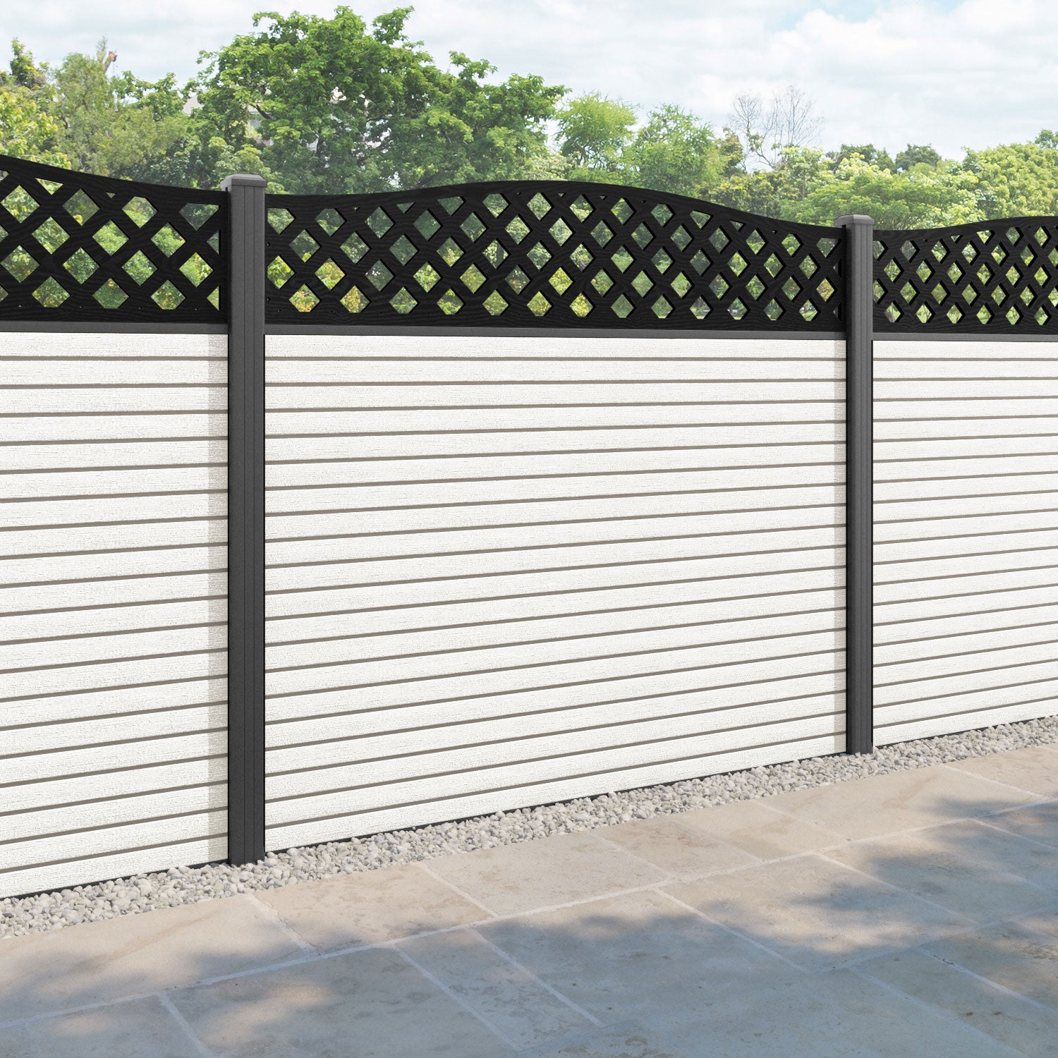 Hudson High Wave Fence Panel - Light Stone - with our aluminium posts