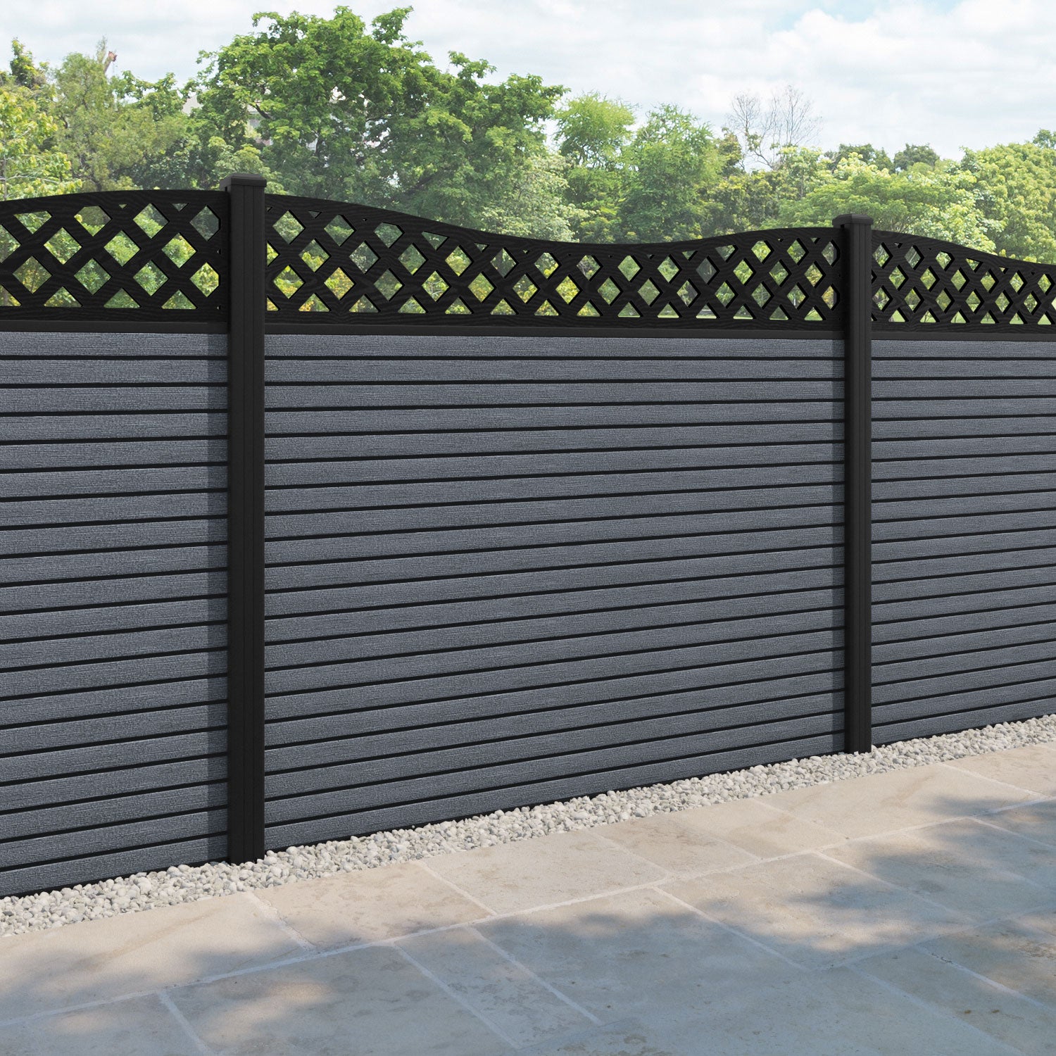 Hudson Low Wave Curved Top Fence Panel - Anthracite - with our aluminium posts